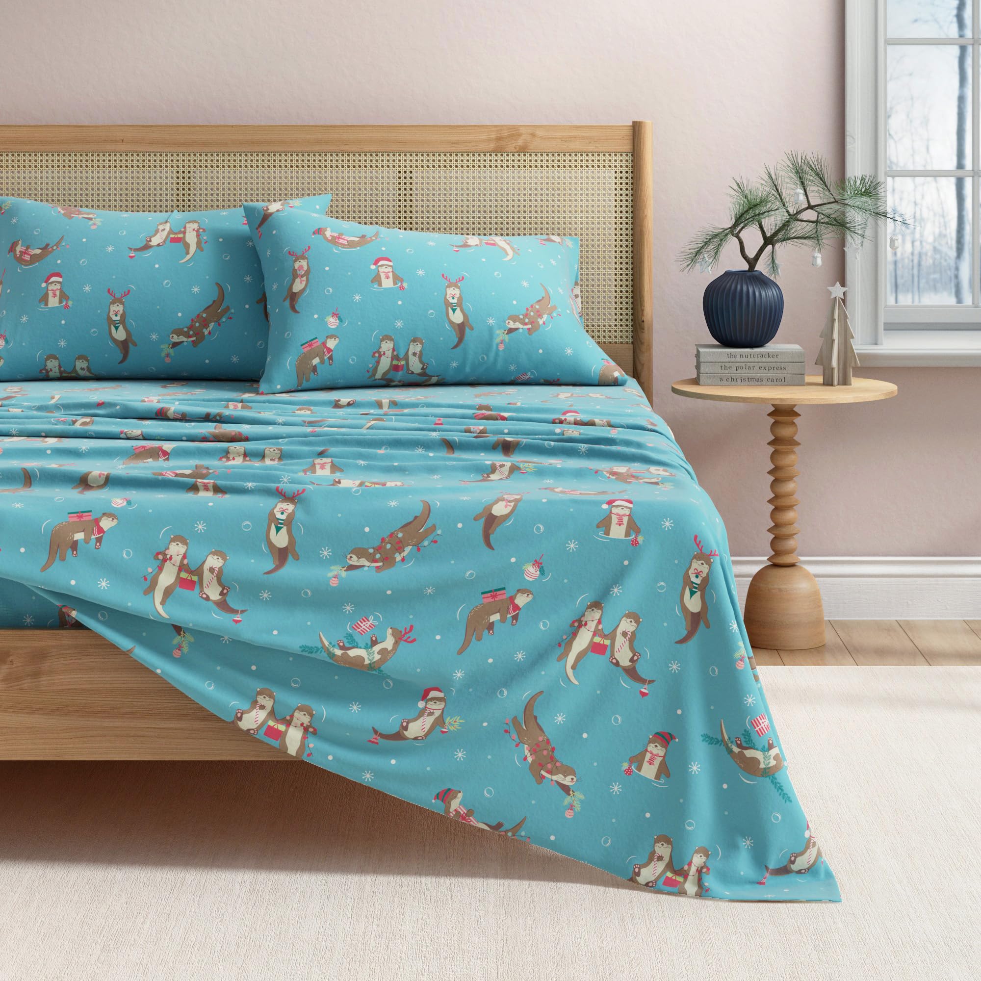 100% Turkish Cotton King Kids Holiday Flannel Sheet Set | Deep Pocket Fitted Sheet, Soft Christmas Sheets | Warm Bed Sheets | Anti-Pill Flannel Sheets (King, Otters in Snow) — image 1