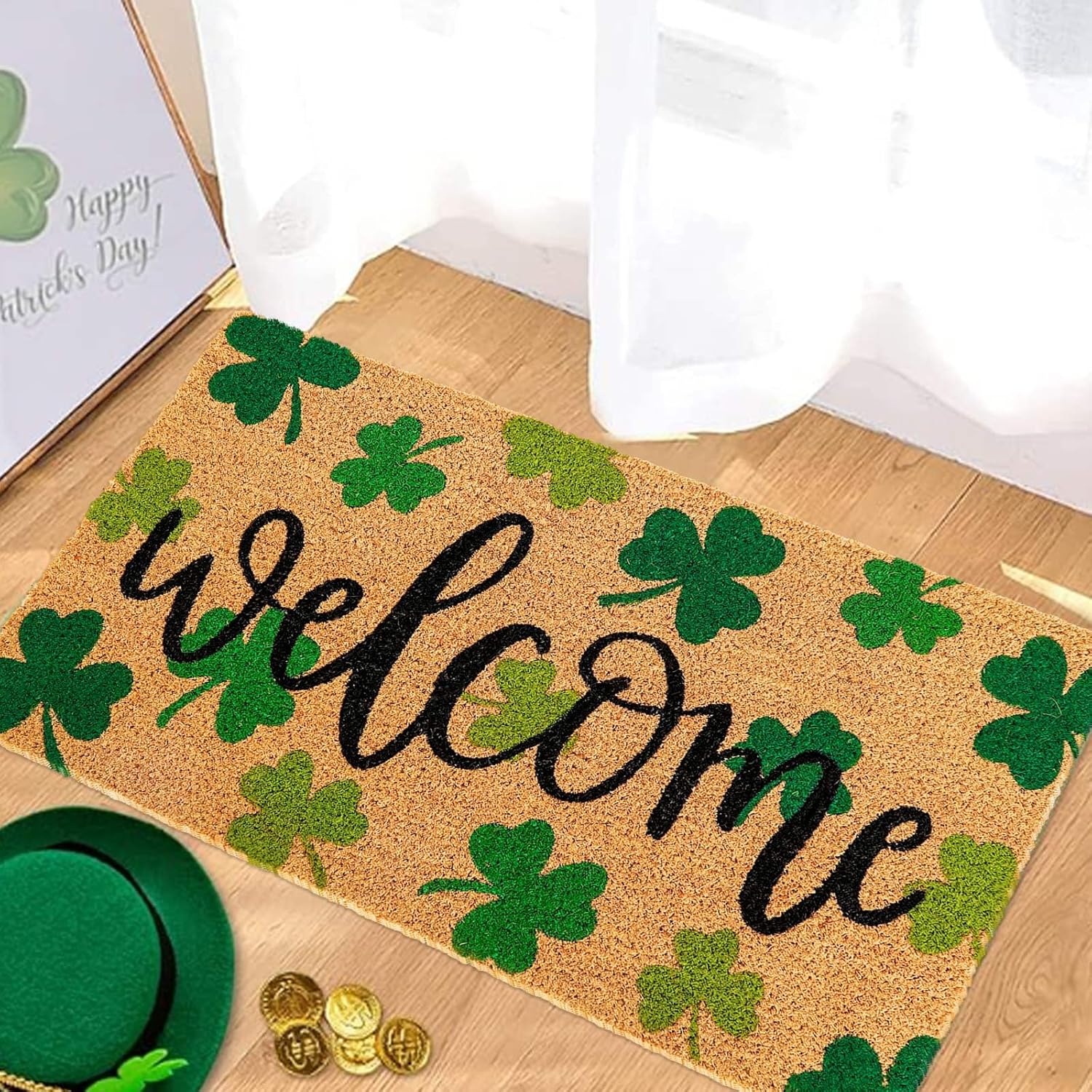 Whaline St. Patrick's Day Natural Coir Door Mat Gradient Green Shamrock Pattern Welcome Mat Non-Slip Lucky Clover Entrance Door Rugs for Irish Indoor Outdoor Home Bathroom Decor, 16.5 x 29 Inch