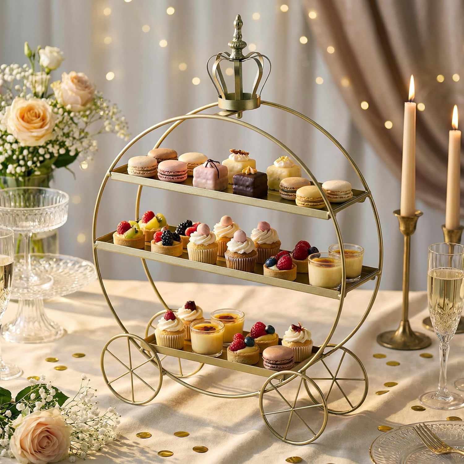 3 Tier Gold Cupcake Stand Crown Carriage Dessert Table Display Stand Tiered Serving Tray Holds Elegant Dessert Holder Pastry Ornaments for Wedding Birthday Party Afternoon Tea Table Decor