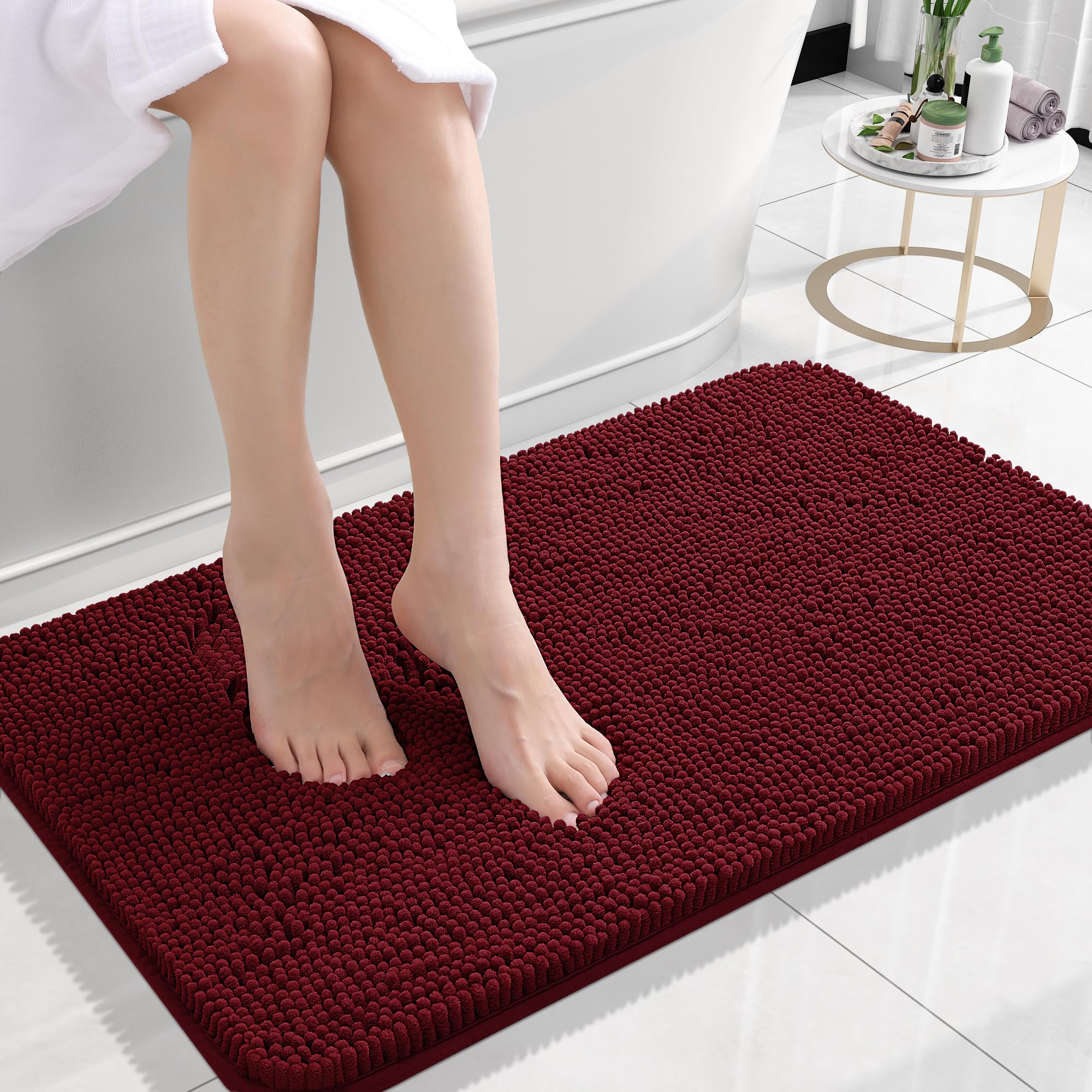 OLANLY Small Bathroom Rugs 24x16, Extra Soft Absorbent Chenille Bath Rugs, Rubber Backing Quick Dry, Machine Washable Bath Mats for Bathroom Floor, Tub and Shower, Home Decor Accessories, Burgundy — image 1
