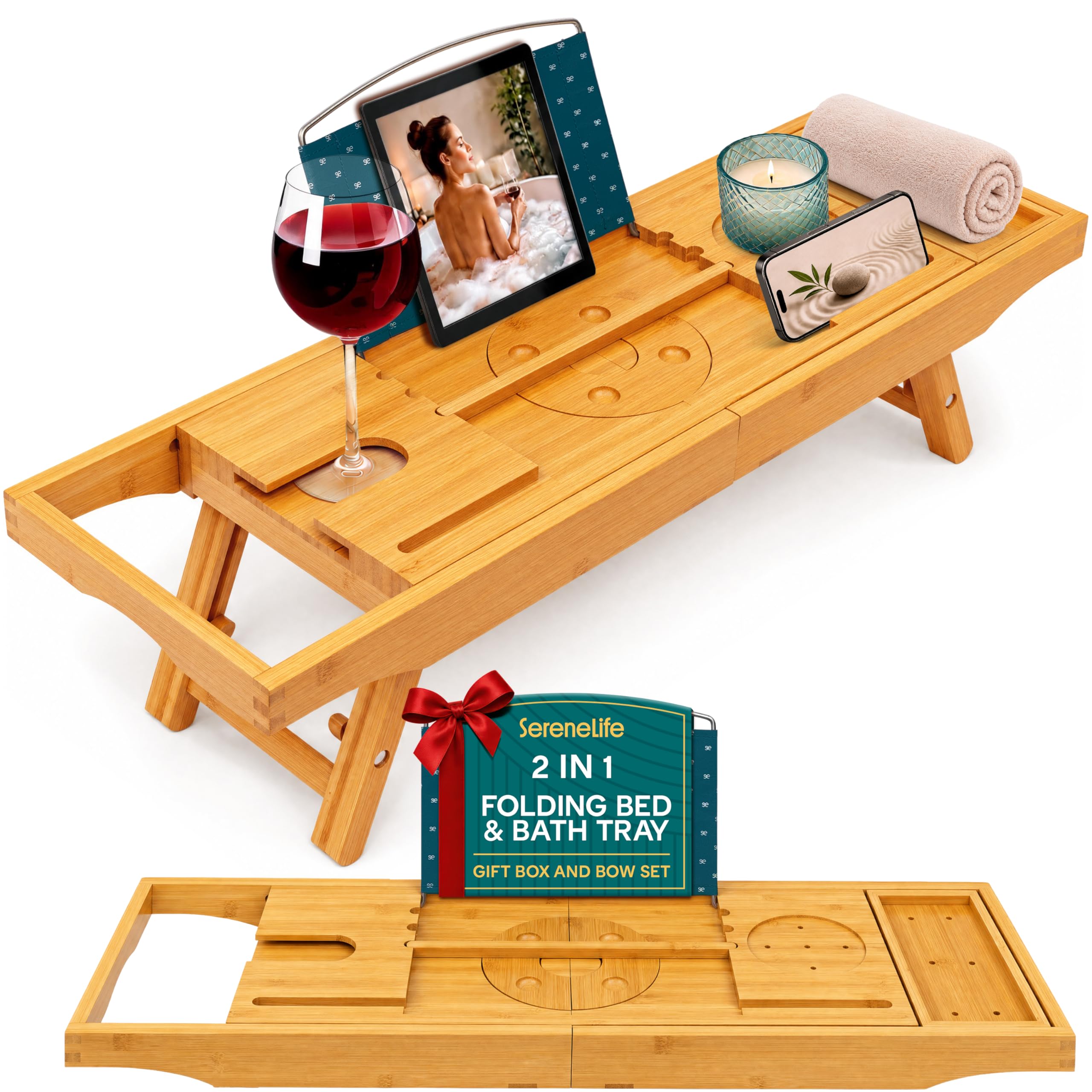 SereneLife Bamboo Bathtub Caddy with Adjustable Length, Non-Slip Handles, Integrated Device Holder and Wine Glass Slot - Expandable Design for Comfortable Bathing