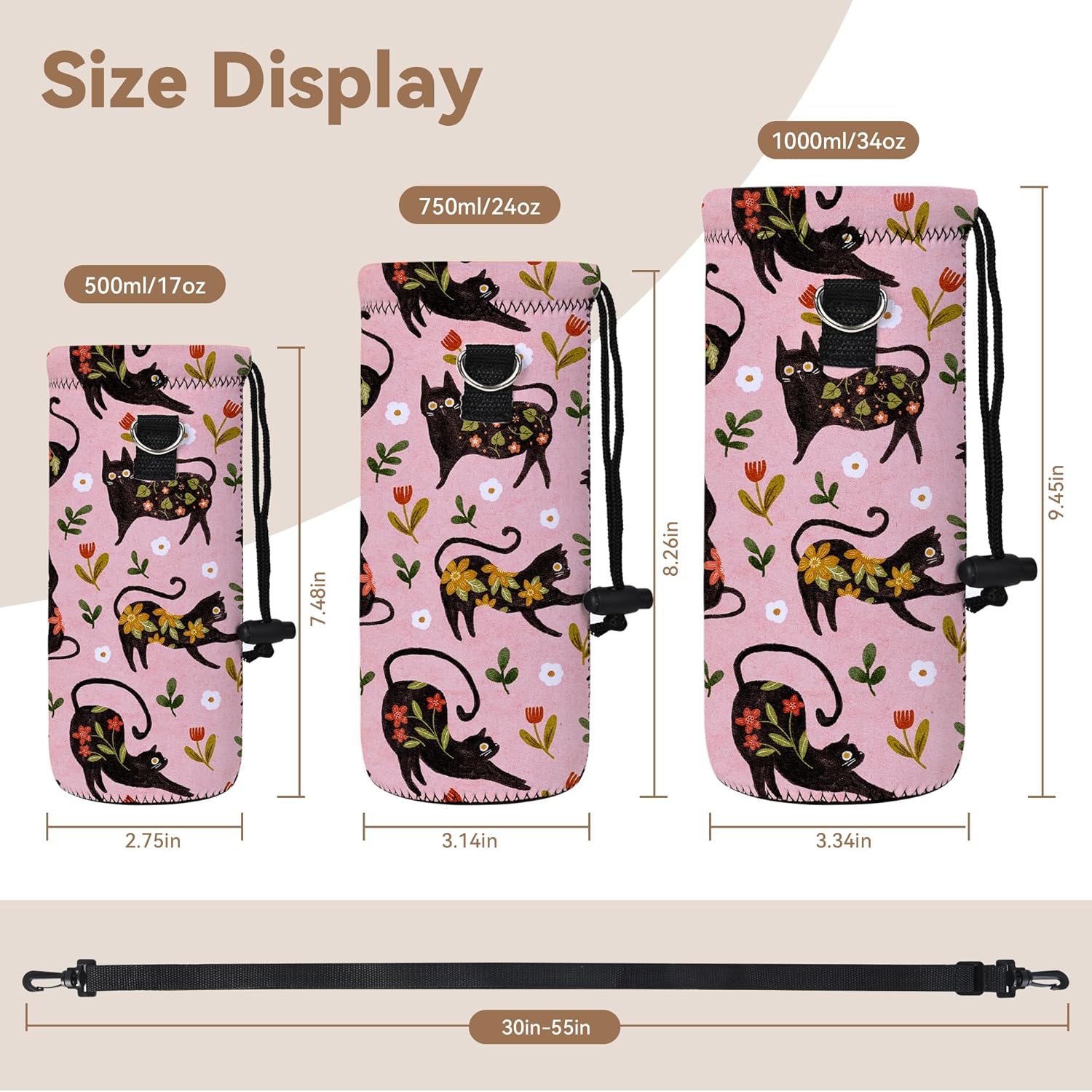 RICHEN Neoprene Water Bottle Carrier Bag with Adjustable Shoulder Strap,Insulated Water Bottle Cover for Stainless Steel/Glass/Plastic Bottles - Image 2