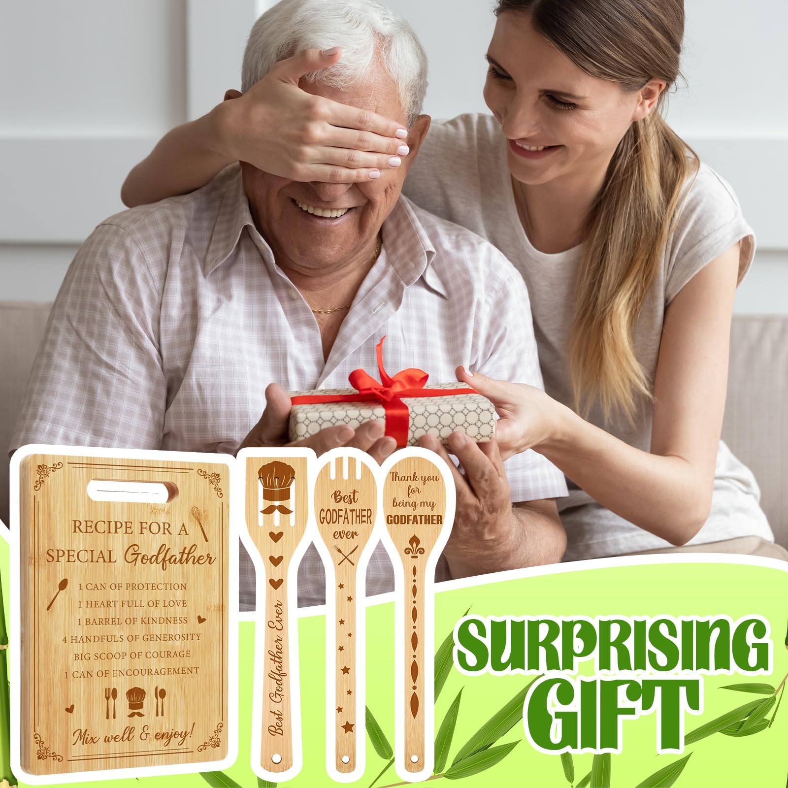 Vesici Godfather Proposal Gifts, Godfather Gifts from Godchild Goddaughter Godson Bamboo Cutting Boards Soup Spoon Spatula for Kitchen Father's Day, Birthday