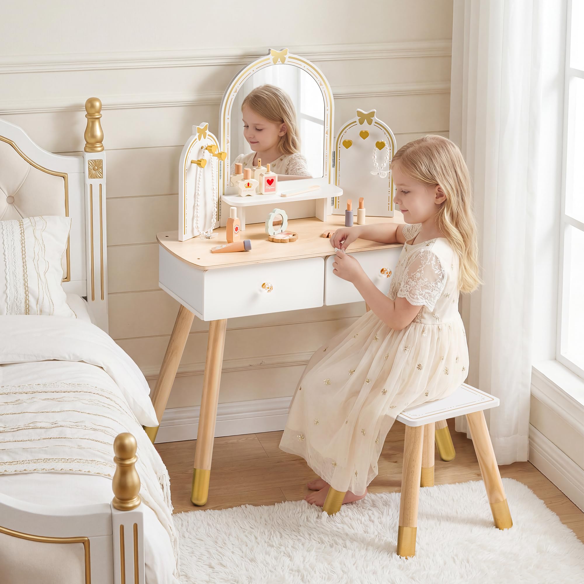 ROBUD Kinder Schminktisch mit Hocker: Mädchen kinderschminktisch mit Spiegel, Rollenspiel Schminktisch für Kinder, Frisiertisch mit Schublade und Zubehör für Kinderschminke, ab 3 Jahren （Weiß-golden）