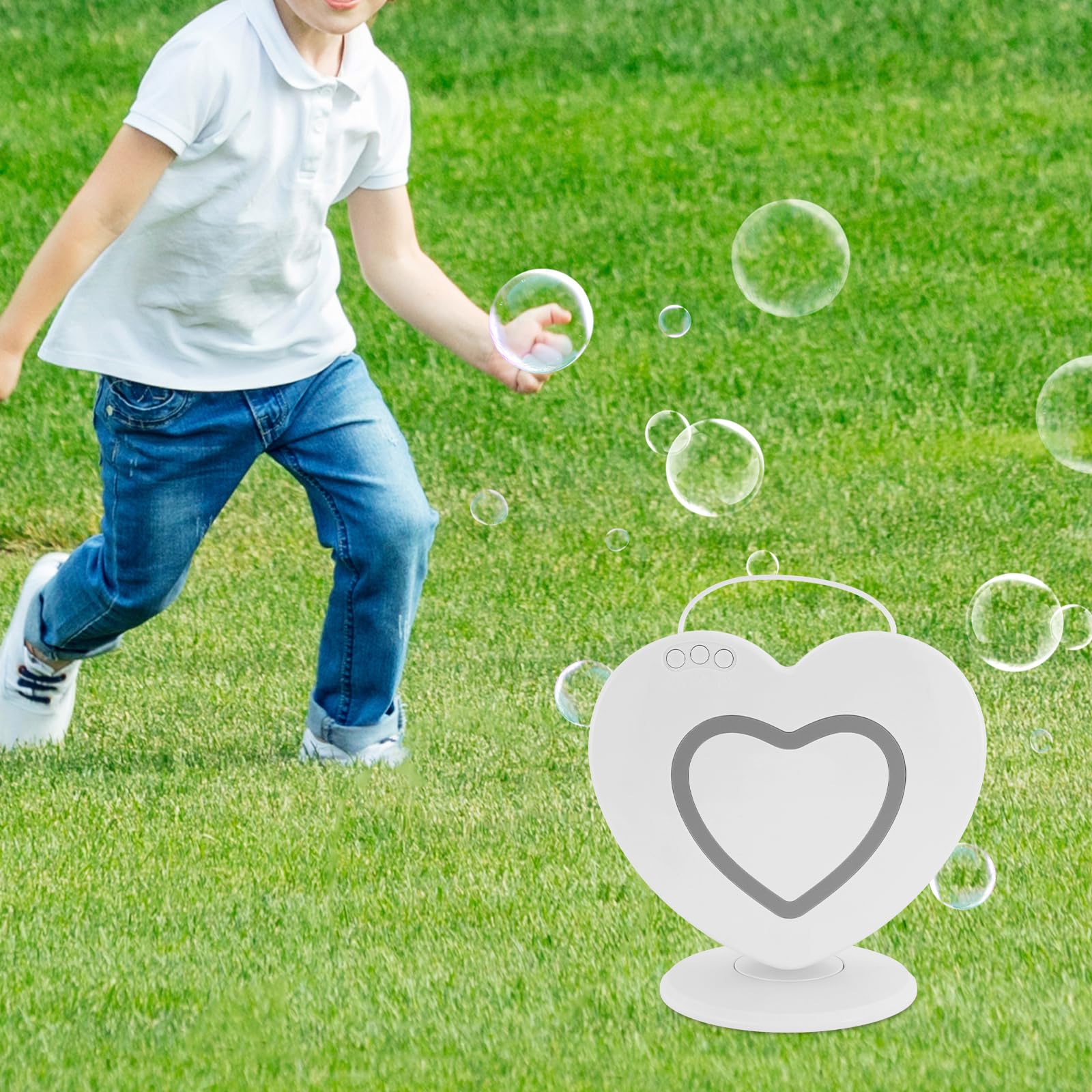 Máquina de pompas de jabón en forma de corazón, soplador automático, máquina de burbujas de jabón recargable, máquina de burbujas con rotación de 360° para niños al aire libre, juegos familiares