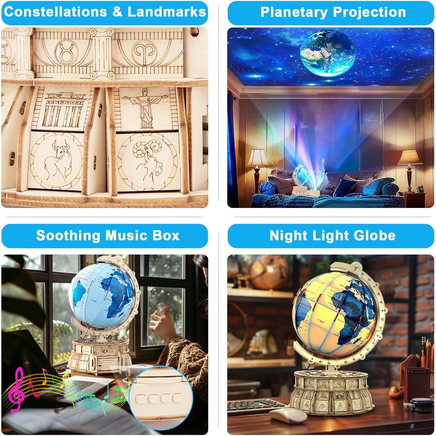 3D Wooden Puzzles for Adults Illuminated Globe with Stand 188pcs 3D Puzzles Model Kit Built-in LED Music Box Stem Toys Gifts for Adults/Teens