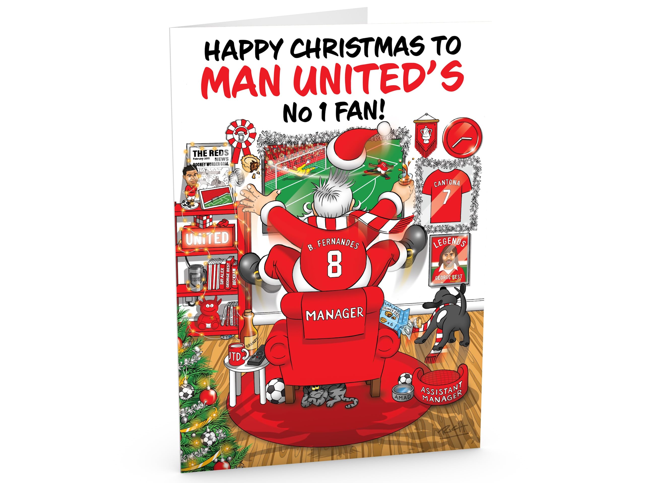 Football Christmas Card for Man Utd Fans Pack of 6 Cards Santa Jumping Out of Chair to Support Team Funny Rear of Card Showing Rudolph Supporting Rival Club Large A5 Made in UK - Image 2