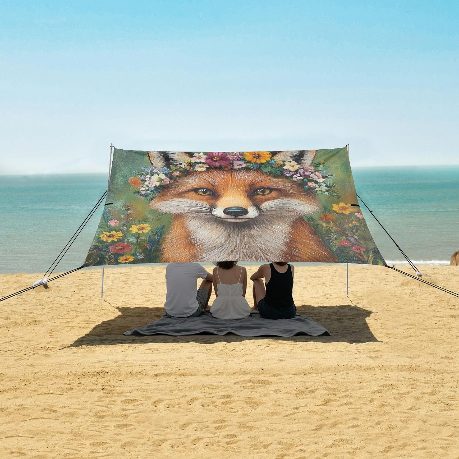 ALAZA Fox with Flower Wreath Beach Tent Sun Shelter UPF50+ Protection Beach Shade Canopy w/ 4 Sandbags for Outdoor Camping, Fishing, Backyard Fun, Picnic, 10x9 ft