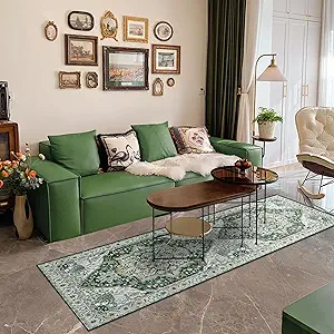 Deerly Runner Rug 3x8 Washable Vintage Area Rugs for Hallway Bohemian Non-Slip Low-Pile Floor Carpet for Kitchen Bathroom Bedroom Dining Room, Green//Multi