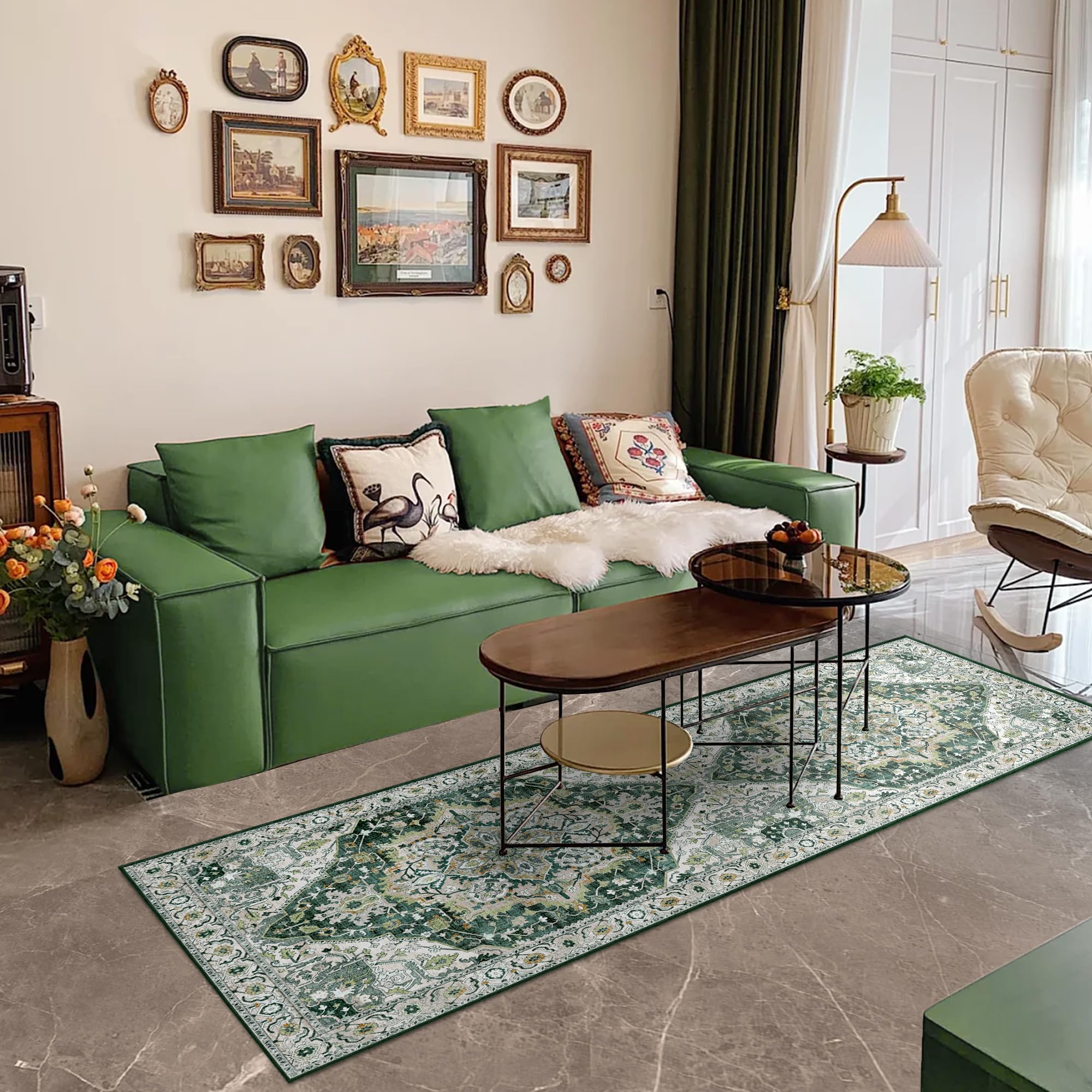 Deerly Runner Rug 3x8 Washable Vintage Area Rugs for Hallway Bohemian Non-Slip Low-Pile Floor Carpet for Kitchen Bathroom Bedroom Dining Room, Green//