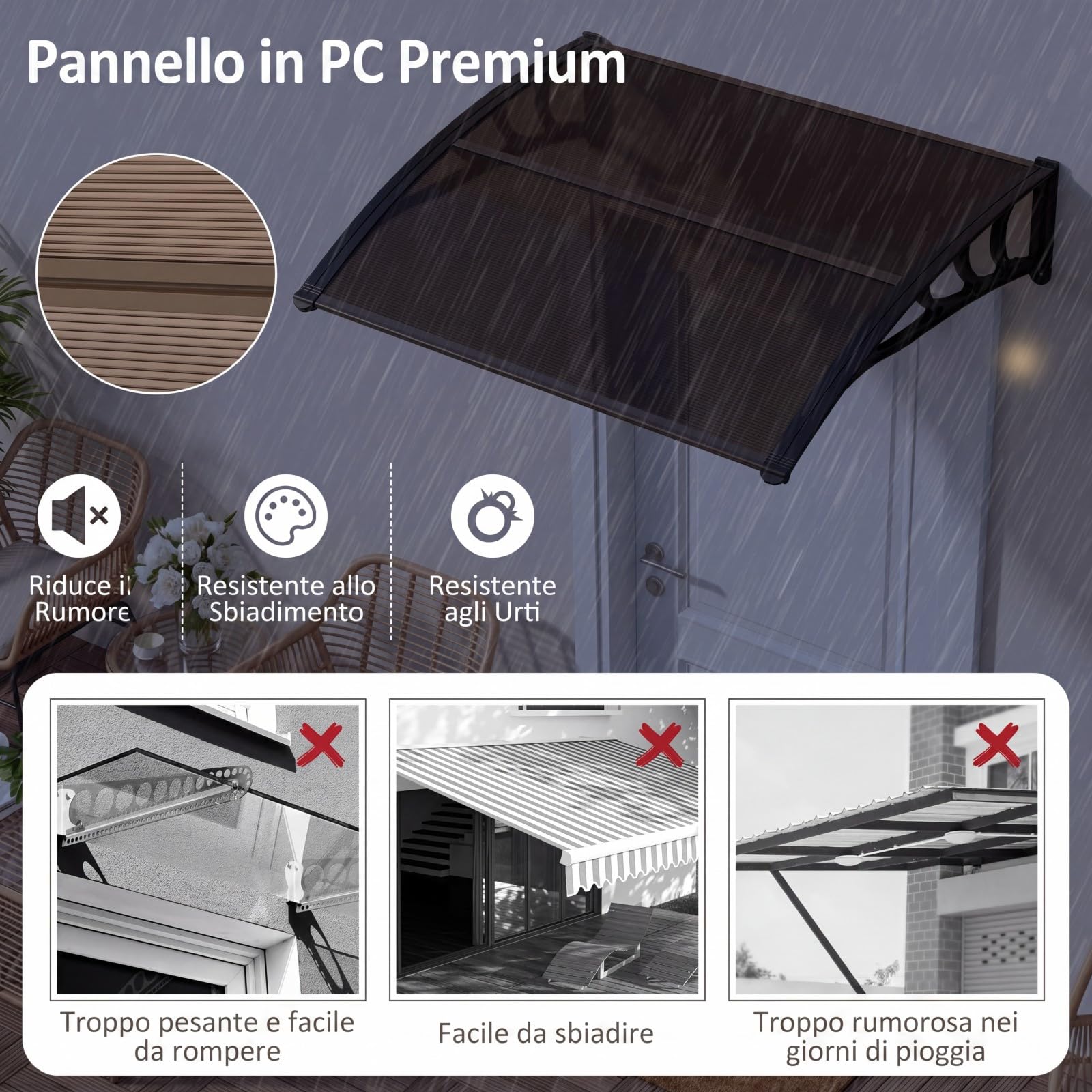 COSTWAY Pensilina Tettoia per Porta, Tettoia Parasole per Ingresso in Policarbonato, Robusta Barra di Fissaggio in Alluminio, Facile da Installare, per Finestra, Balcone, 100 x 75,5 x 23 cm (Marrone)