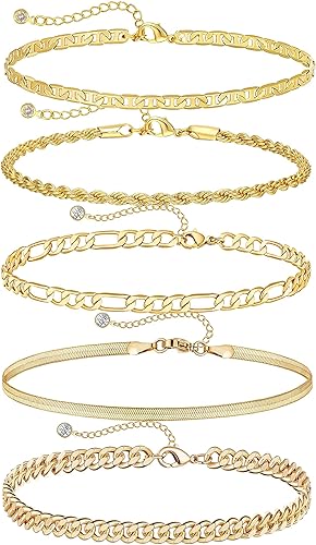 DEARMAY Tobilleras de oro para mujer, impermeables, delicadas 6 tobilleras chapadas en oro de 14 quilates, cadena de eslabones cubanos en capas,