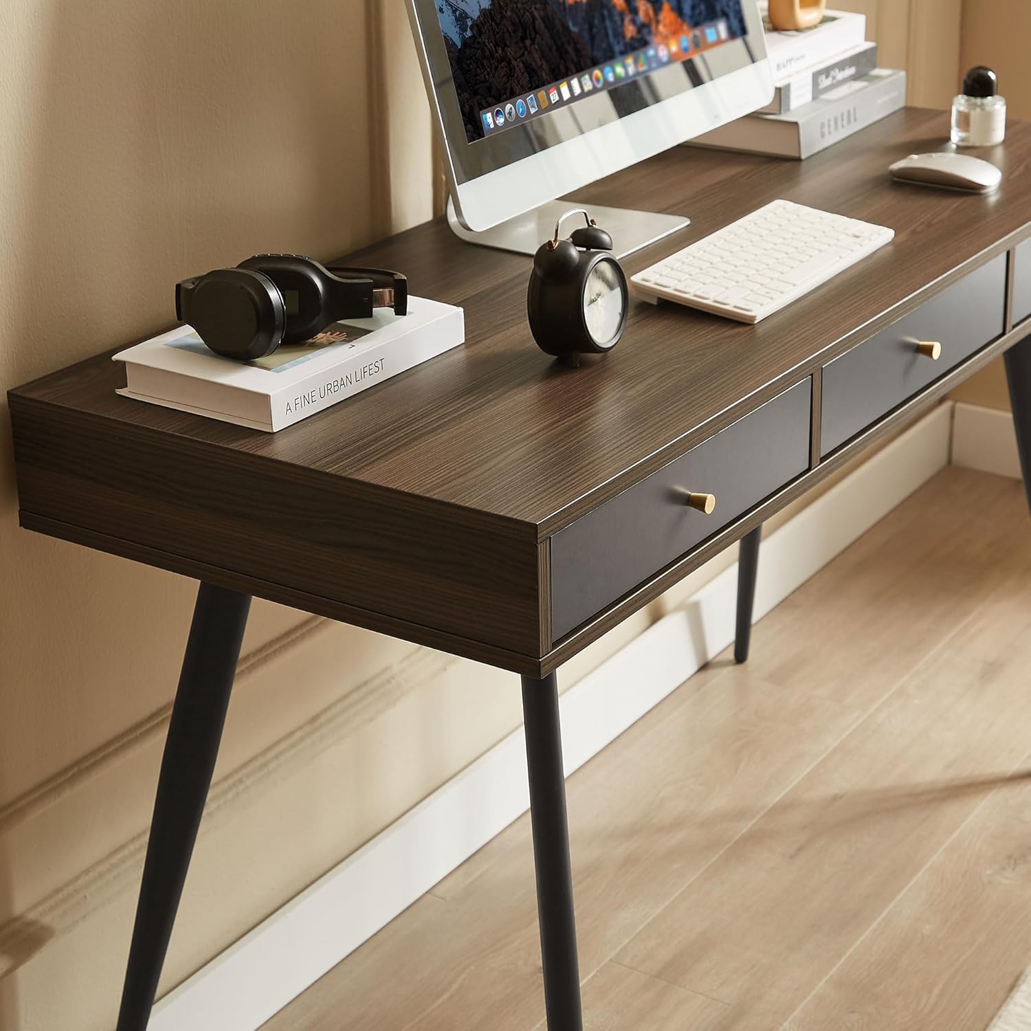 Mid Century Desk with Drawers Modern Walnut and Dark Grey Computer Desk for Home Office Study Bedroom Writing Desk MDF Workstation