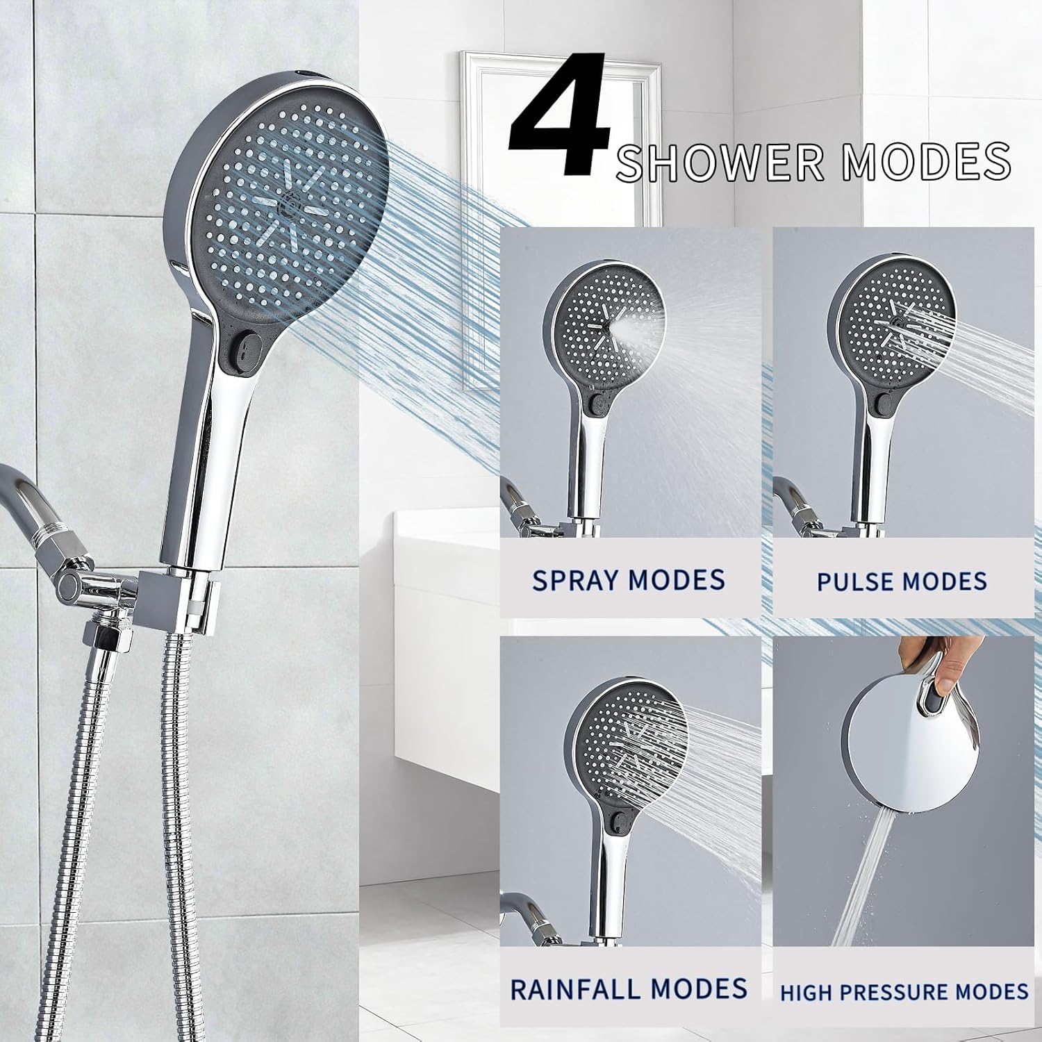 Shower Head with Handheld Set, 4-Settings Powerful Water Spray Shower Head High Pressure Rain Showerhead Detachable with Extra Long Stainless Steel Hose and Adjustable Bracket(Silver)