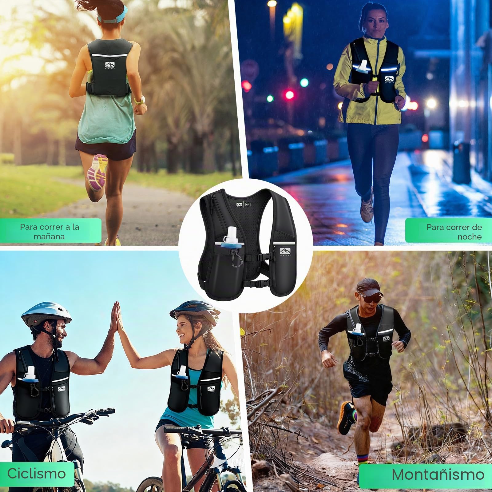 Chaleco de Running Shayson para Mujer y Hombre con Botella de Agua de 500 ml incluida, Correas de Pecho Ajustables, Transpirable y Reflectante