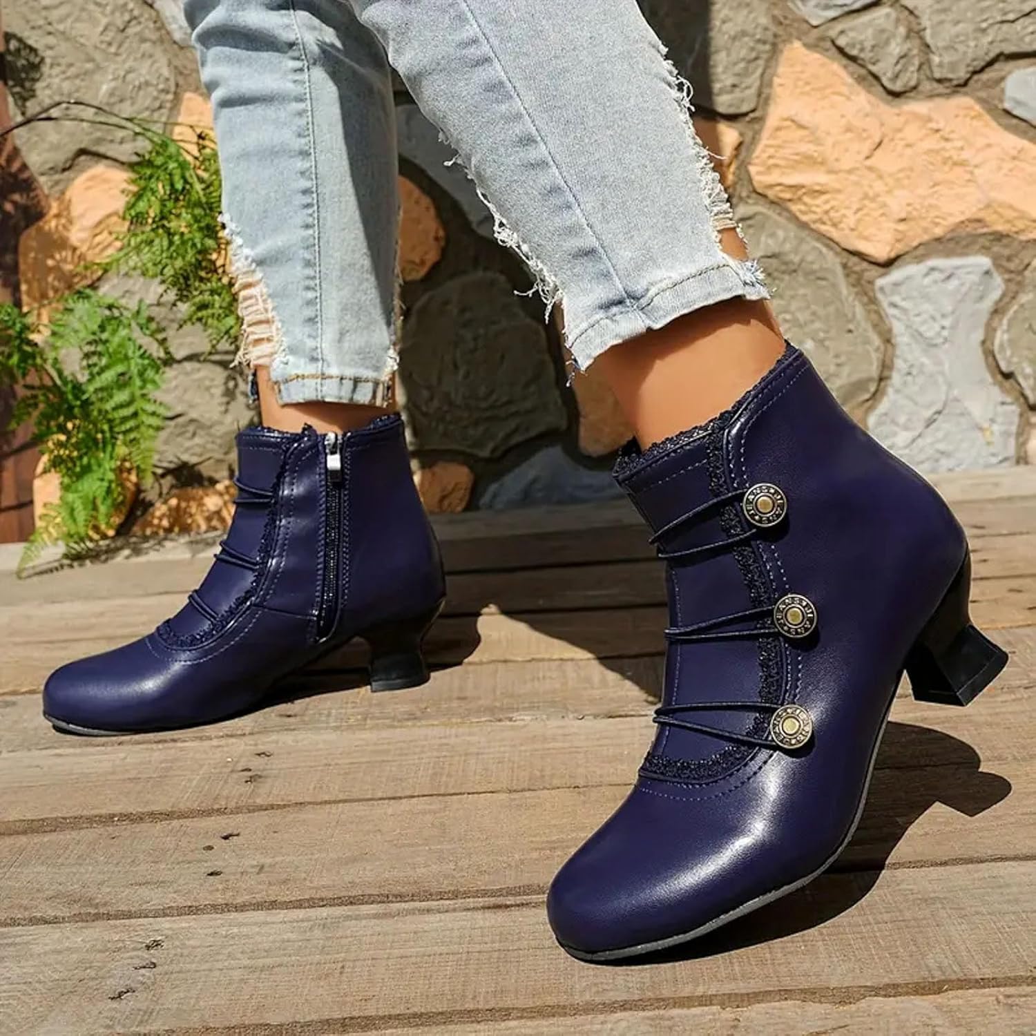 Women's Ankle Boots Low Heels Lace Buttons Round Toe Side Zipper Vintage Victorian Boots for Women Autumn Winter Kitten Heel Short Booties Comfortable Wedding Bridal Party Dressy Pump