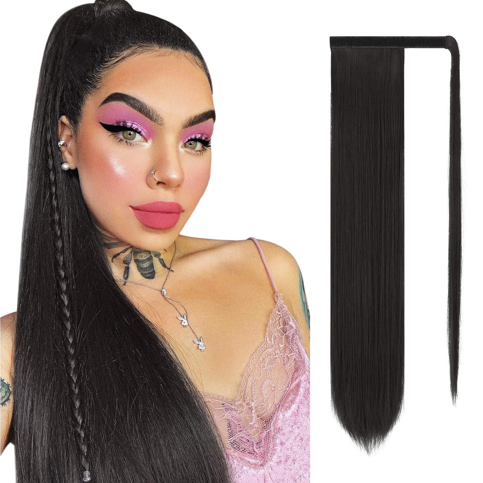 Sofeiyan Long Straight Ponytail Extension 28 inch Wrap Around Ponytail Synthetic Hair Extensions Clip in Ponytail Hairpiece for Women, Natural Black