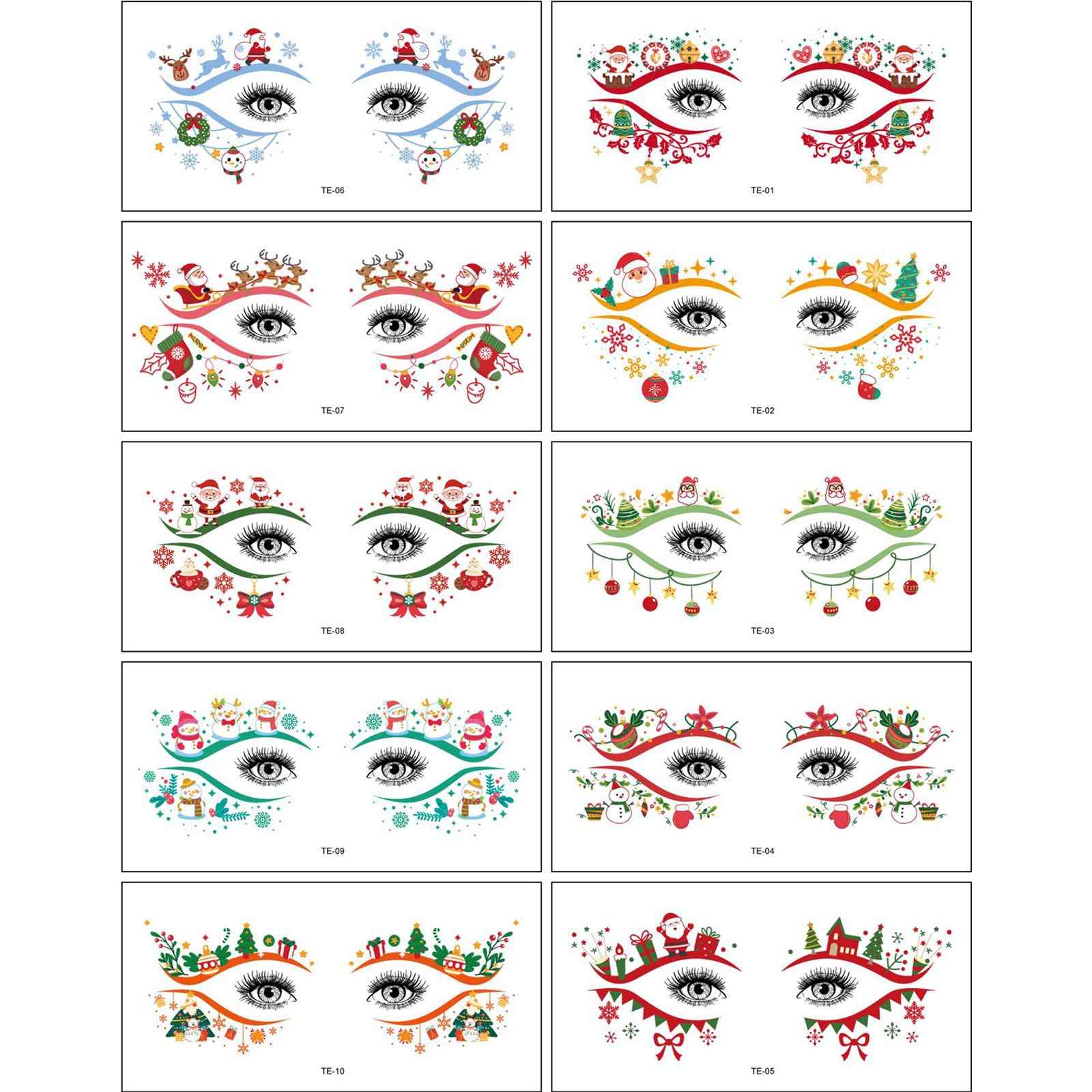 HIFANMM 10Pcs Christmas Fake Tattoos Xmas Cartoon Face Temporary Tattoos Snowflakes Snowmen Xmas Tree Santa Claus Tattoo Stickers for Adults Kids Eye