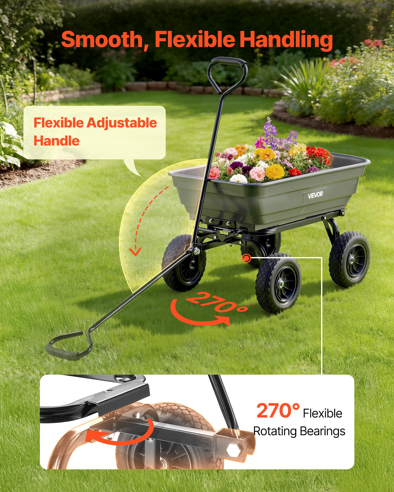 VEVOR Chariot de Jardin Basculant Max. 272 kg Chariot à Benne Basculante en PP pour Transport de Bois Plantes Terre, 4 Roues Increvables Pivotantes à 180°, Basculement à 90°, Roulement Rotatif à 270°