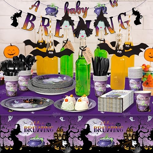 Miniatura 6 de Decoraciones de fiesta de baby shower de Halloween, platos y servilletas de baby shower, mantel desechable, platos de papel, servilletas, vasos,