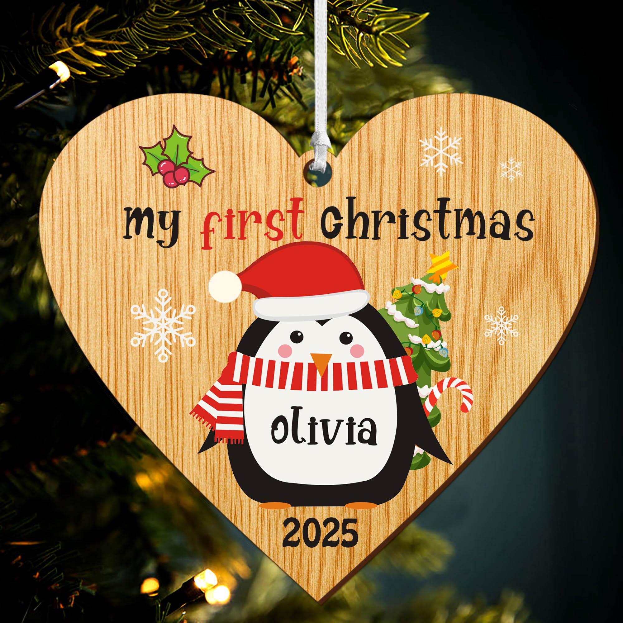 Personalised Babys first Christmas Bauble 2025 1st Christmas Baubles Xmas Tree Decorations with Any Name Wooden Hanging Ornaments Gift for New Baby Son Daughter Granddaughter Grandson(Heart 2)