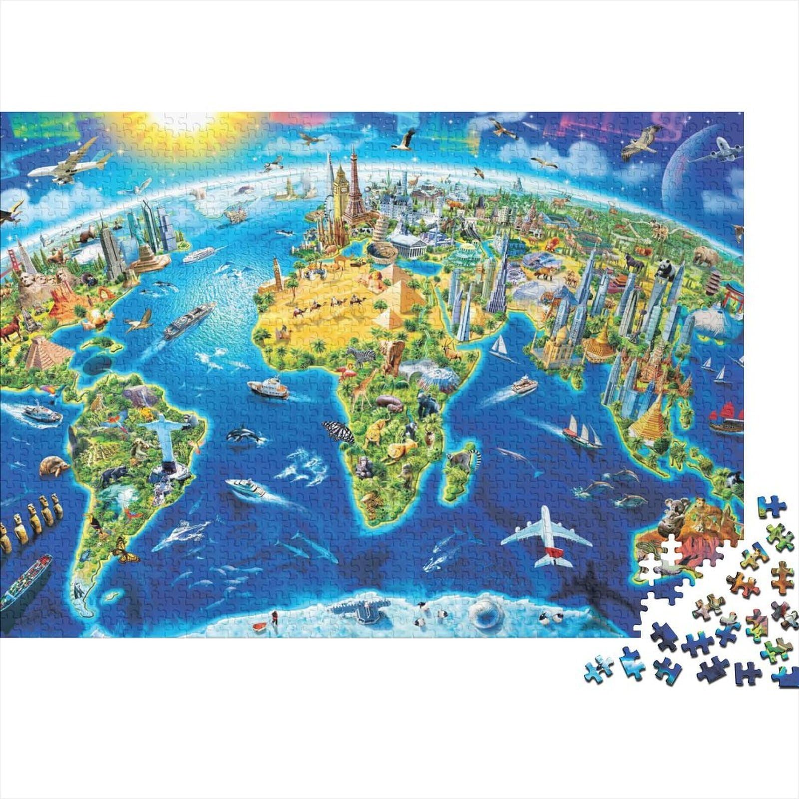 World Map Travel 1000 Pieces Puzzle Jigsaw Eco-Friendly Material Premium Stress Relief Unique World Map Art for Adults And over 14 Years Old 38x26cm/1000pcs — image 1