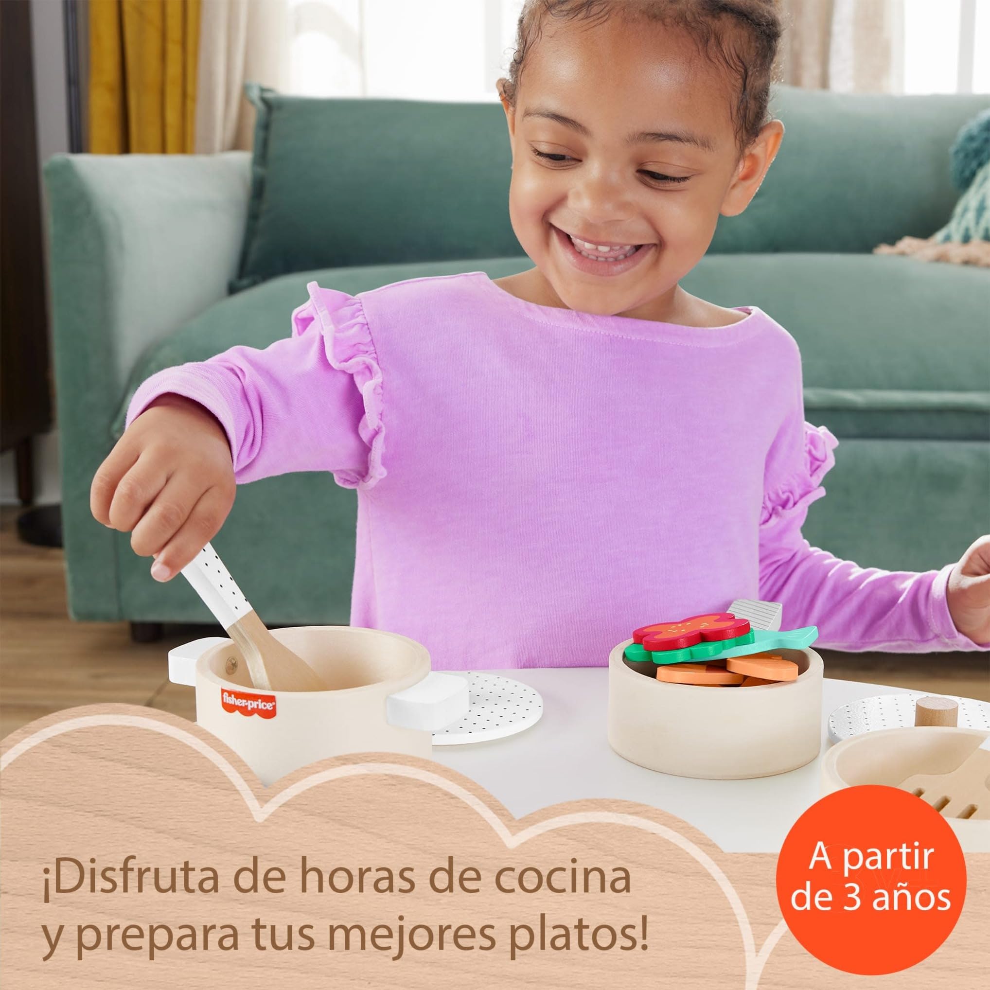 Fisher-Price Set de Cocina de Madera, Juguete de imitación con 19 Piezas Fabricadas con Material Certificado FSC, Juego Inspirado en Montessori, +3 años (HXT83)