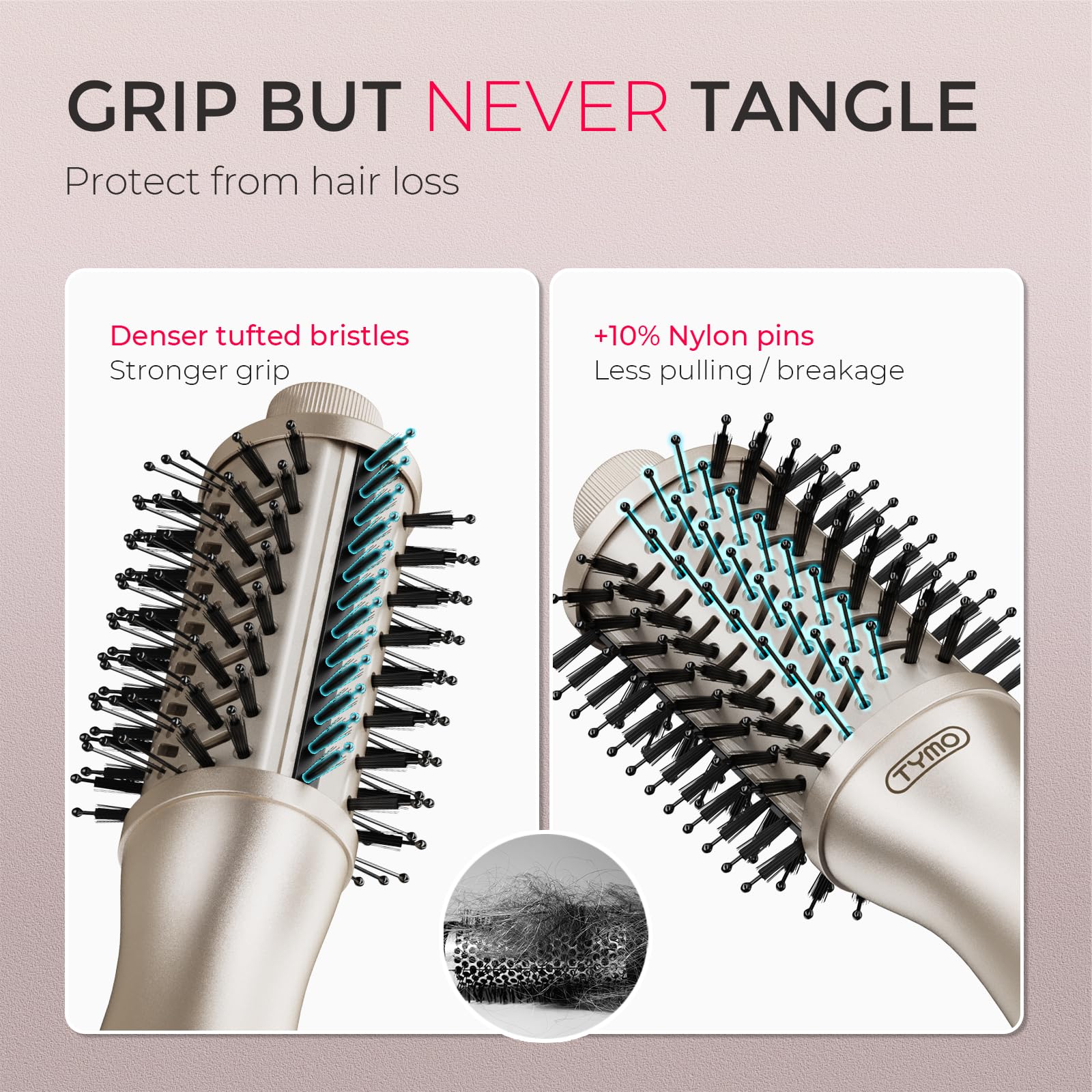 Cepillo secador de pelo TYMO cepillo de aire caliente redondo y  reventado, voluminizador de un paso, cilindro mejorado de pulgadas para  cabello