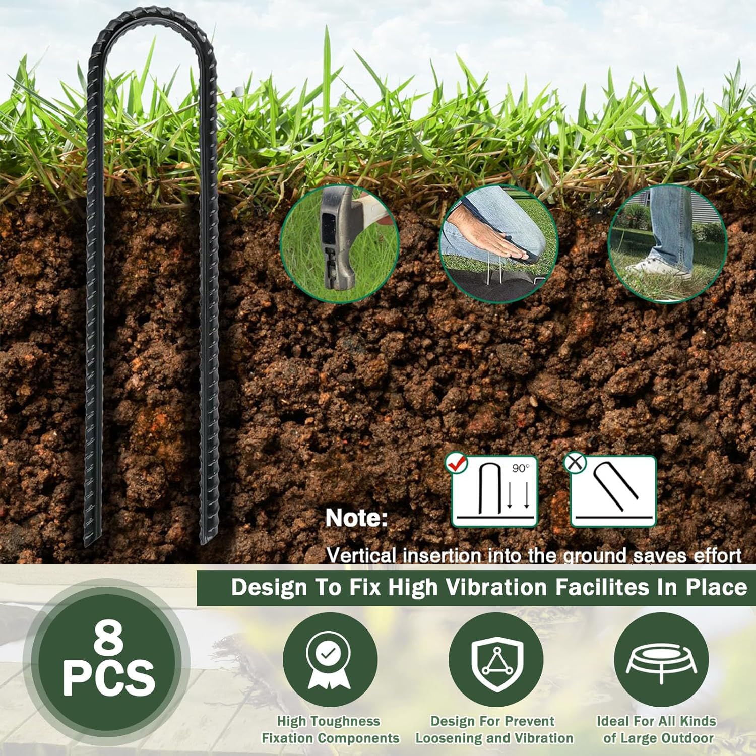 8 Pièces Piquets de Sol en Forme de U,Piquet ancrage de Tente 30 cm,Piquets de Trampoline,Ancrage Trampoline pour la sécurisation de clôtures,auvents,Camping