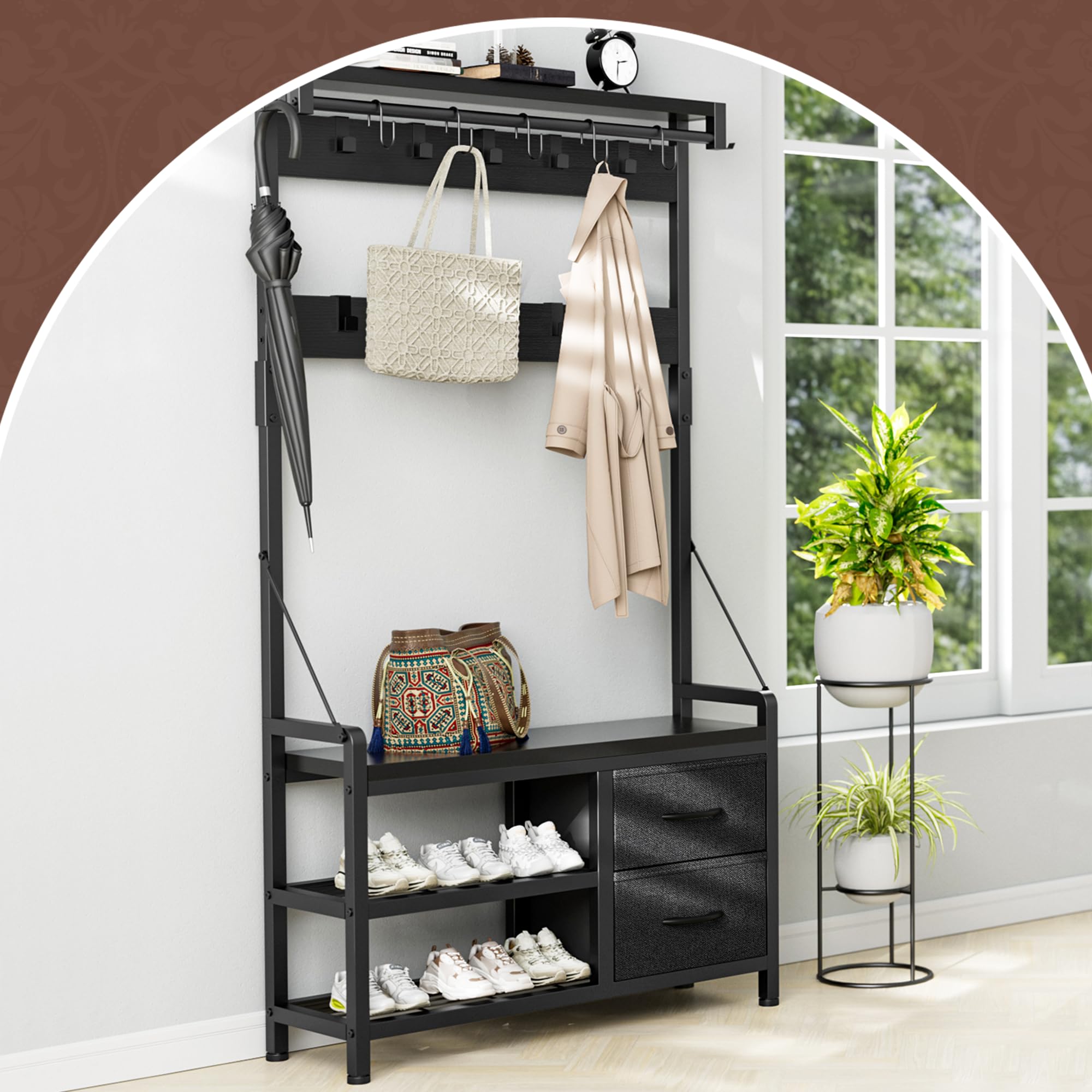 Garderobenständer, Schuhregal mit Sitzfläche und 2 Schubladen, Kleiderständer mit 17 Abnehmbaren Haken, 5 In 1 Design, Metallrahmen, für Flur, Wohnzimmer, Eingänge (Schwarz)