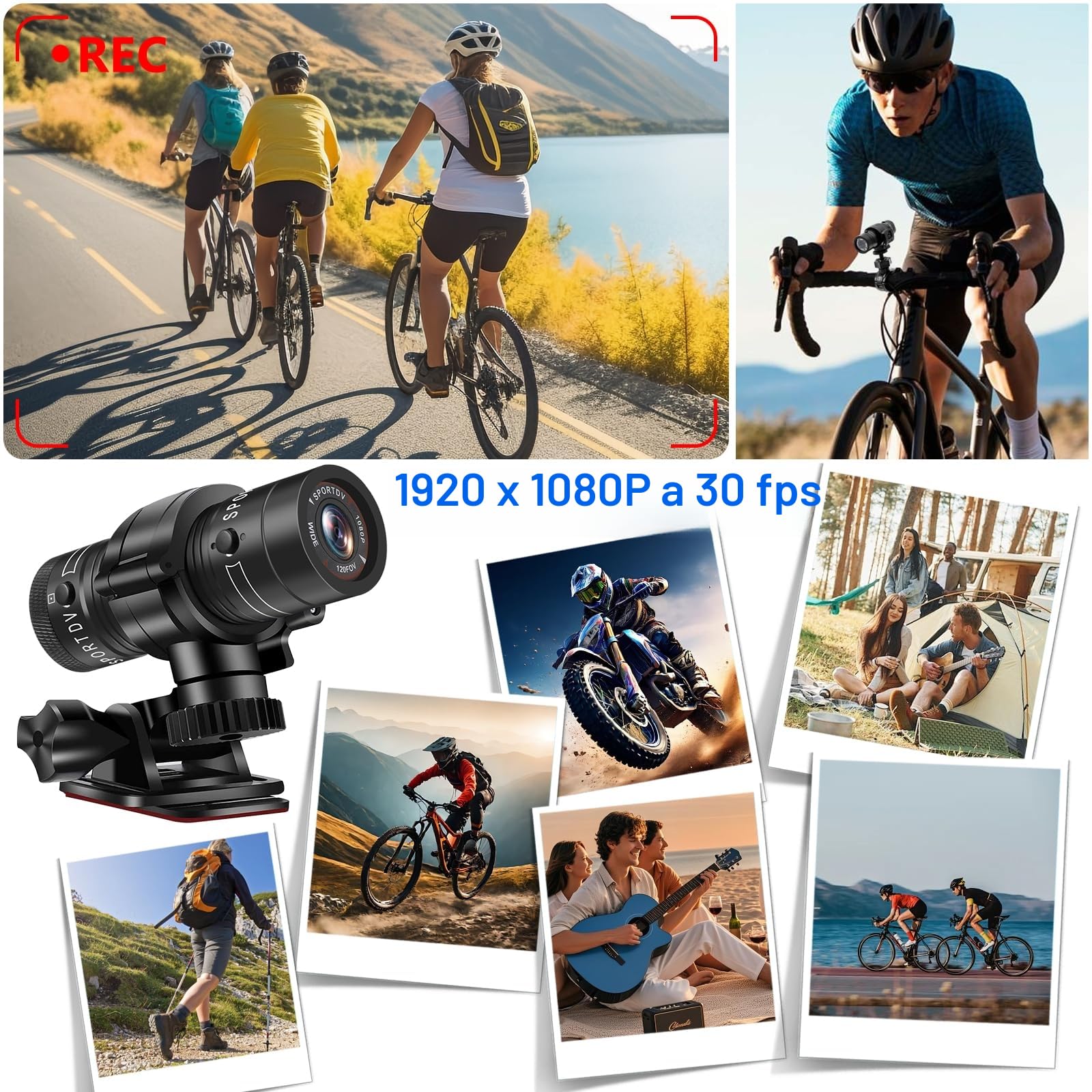 Dashcam Moto 1080P Grandangolo IP63, Action Cam per Moto & Bici | 5h batteria, 12MP foto, 3 supporti (casco/moto/bici), loop, 256GB SD