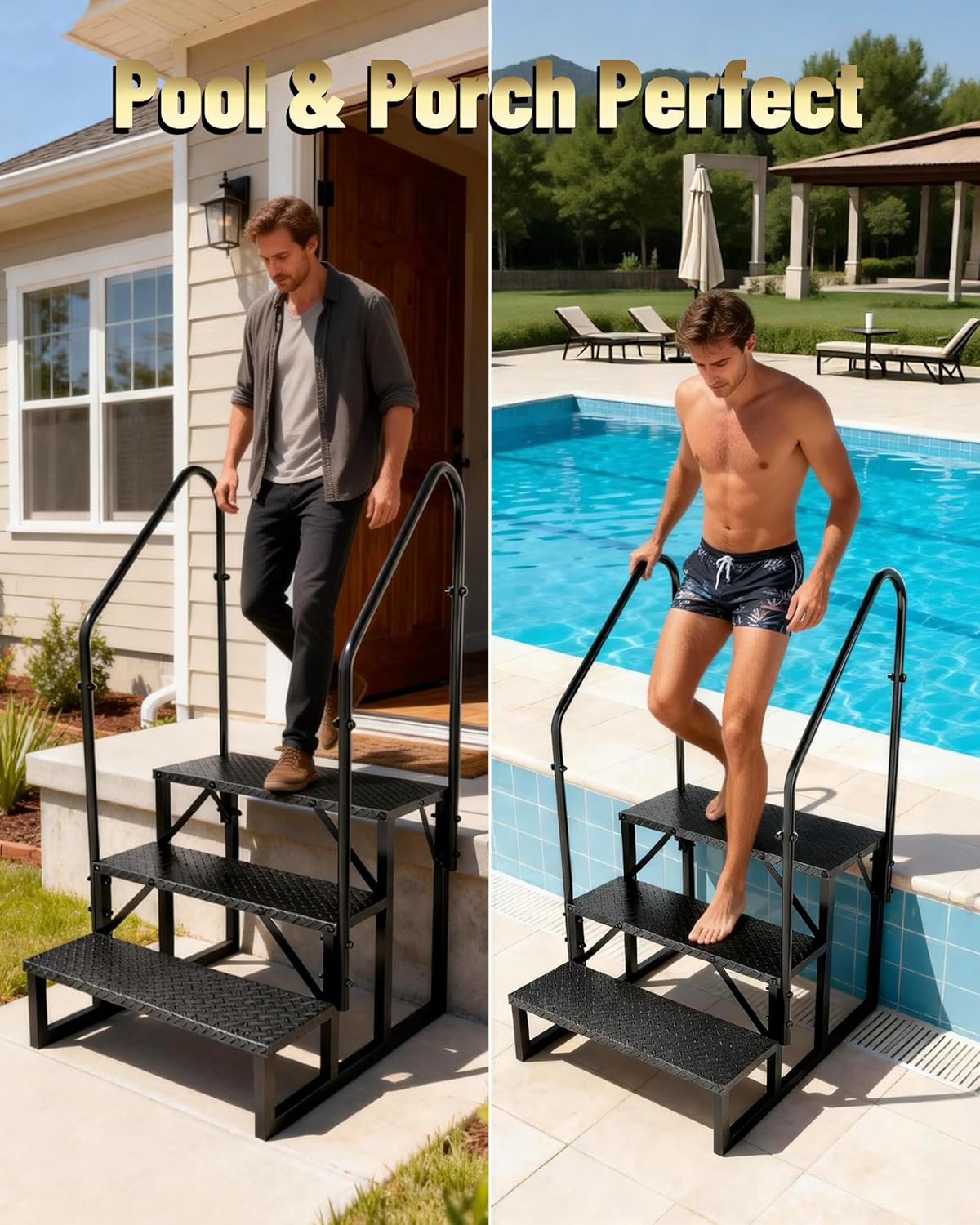 3 Step RV Steps with Dual Handrails, Heavy-Duty Non-Slip RV Stairs for Elderly Kids & Pets, Wide Platform for Hot Tub Spa Camper 5th Wheel Mobile Home Porch