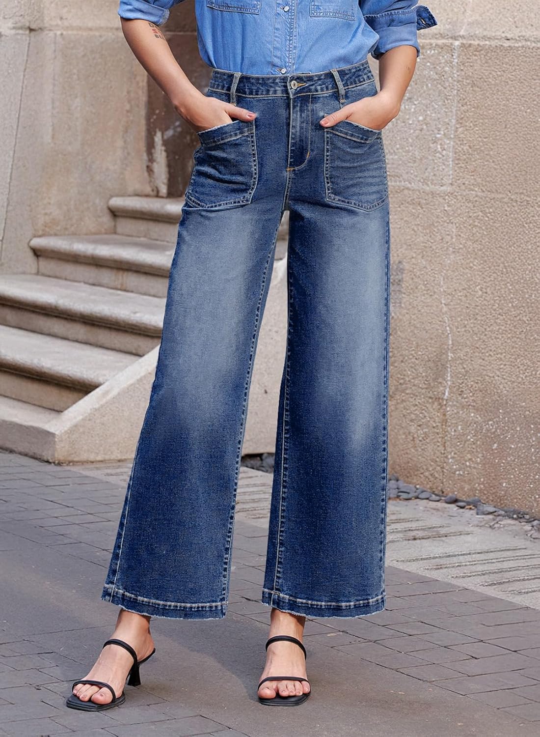 Sidefeel Women’s Wide Leg Jeans High Waisted Stretchy Jeans Straight Leg Loose Fit Zimbaplatinum Ankle Denim Pants