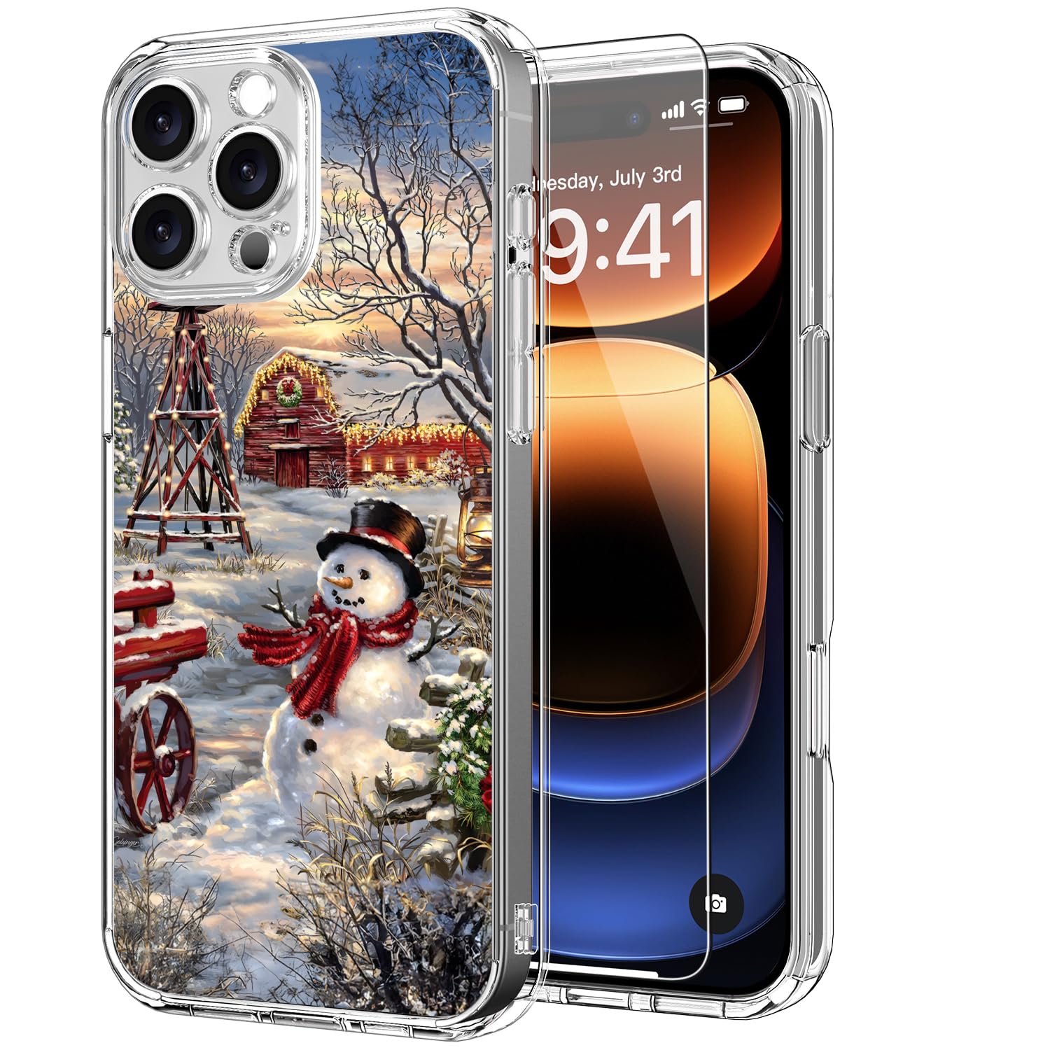 ICEDIO Christmas Phone Case for iPhone 16 Pro with Screen Protector - Clear Acrylic Shockproof Protective Cover 6.3" - Cute Snowman