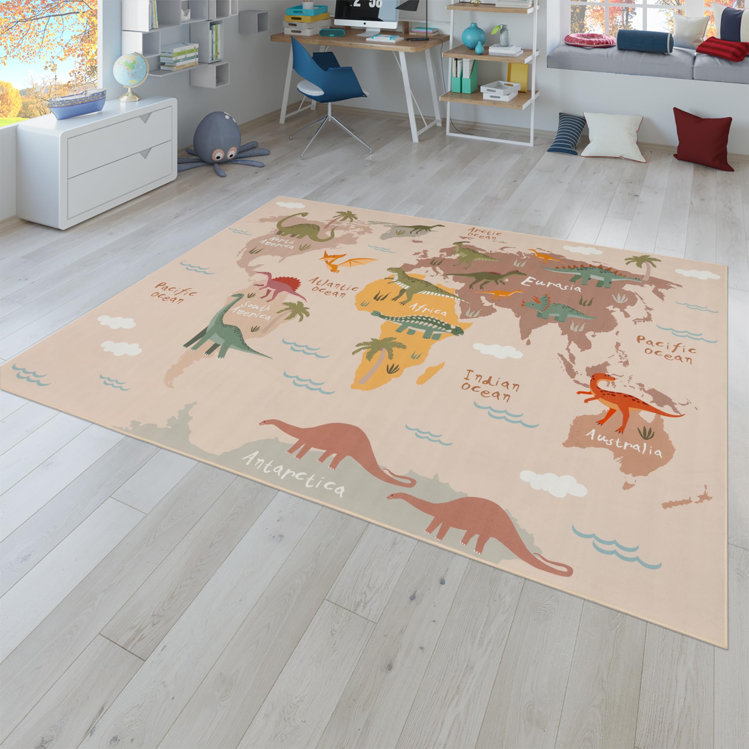 Paco Home Kids Rug Dinosaurs Play Mat with Educational World Map in Beige, Size: 2'8" x 4'11"
