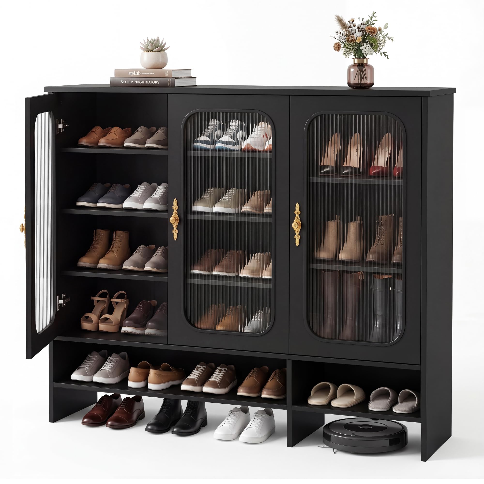 BonVache Shoes Cabinet Large Black with Glass, Can Storage Men’s Large-Size Shoes, Shoe Storage Breathable for Hallway Living Room