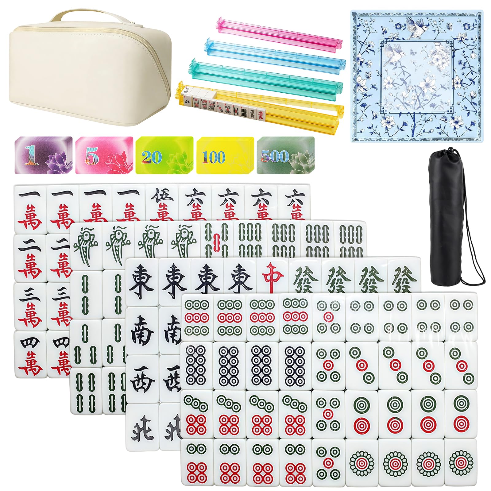 Mini set Mahjong, con 144 piastrelle Mahjong, borsa portaoggetti, supporto Mahjong, carte punteggiate, tappetino da tavolo da gioco, set da tavolo cinese portatile, gioco per la famiglia per uccidere