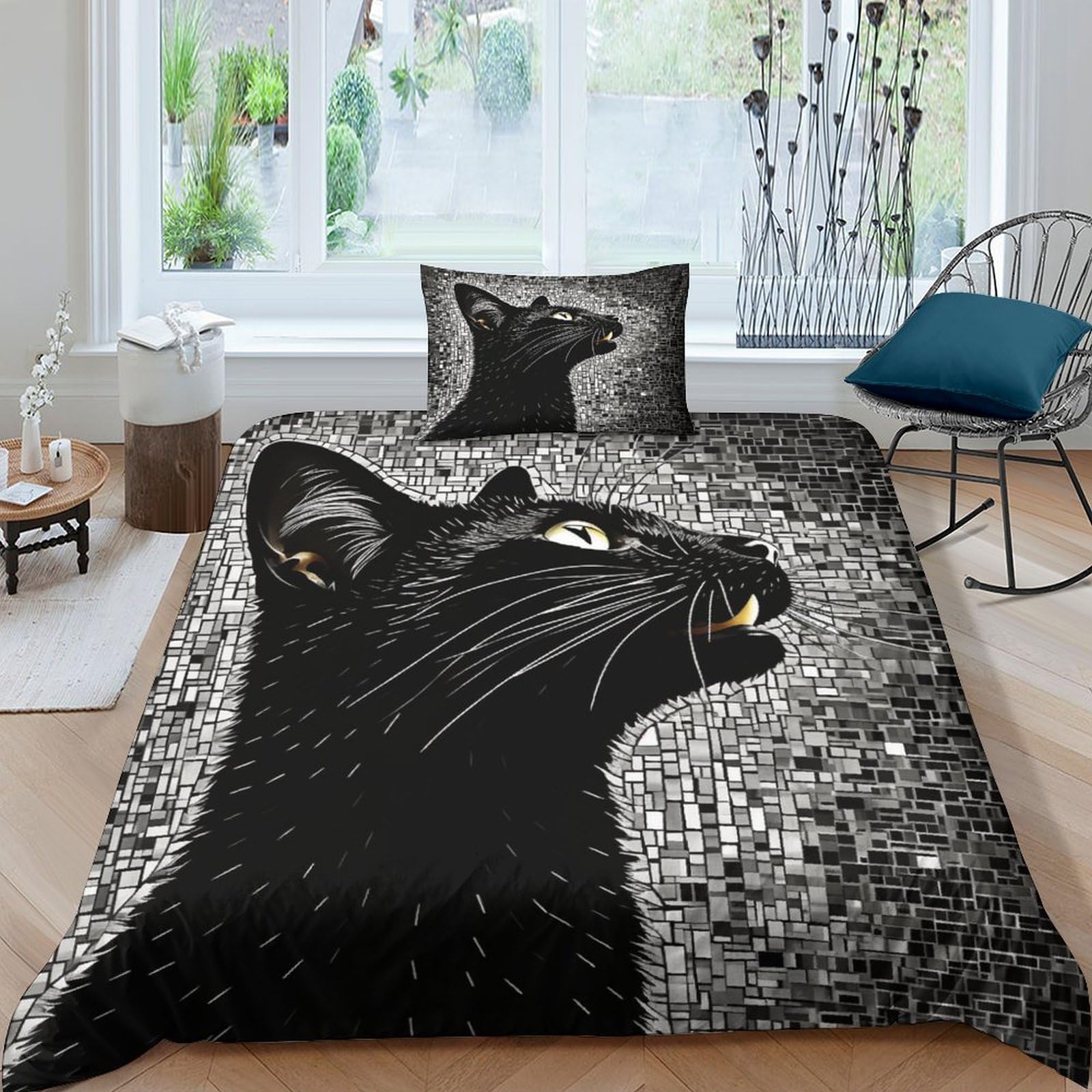 Housse de couette chat noir et blanc pour décorer une chambre d'enfant moderne