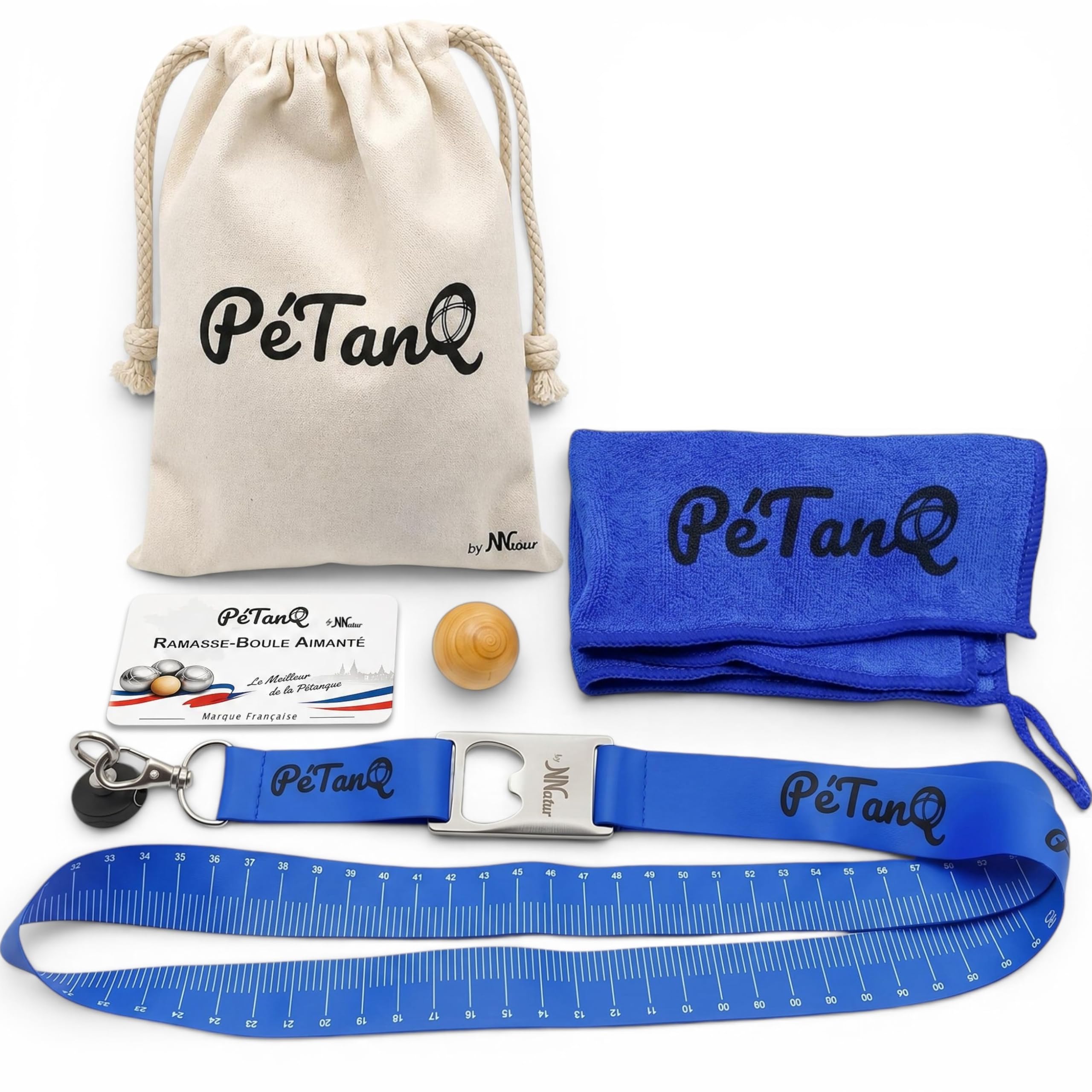 Kit Ramasse Boules de Pétanque | Tour de Cou Aimanté avec Décapsuleur & Mètre Intégré | Cochonnet en Buis de Compétition Inclus | Chiffon & Sac de Transport | Idée Cadeau Boulistes - Fête des Pères