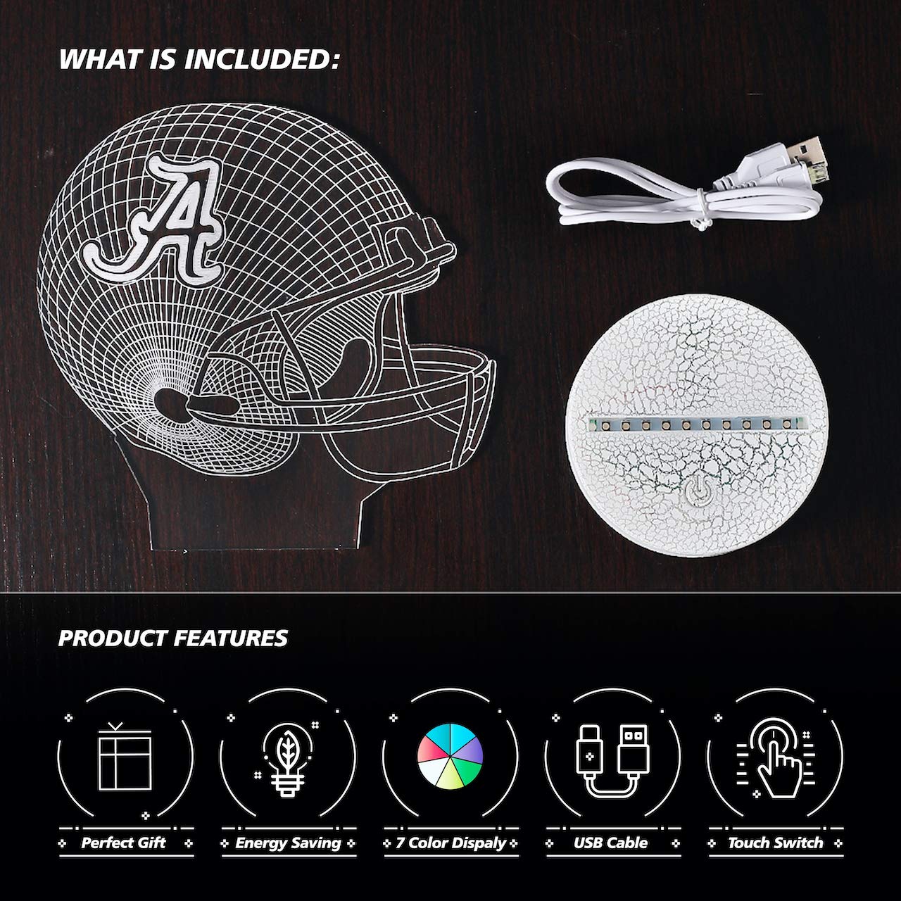 Ikavis 3D LED Night Light Football Helmet Alabama Crimson Tide Flat Acrylic  Illusion Lighting Lamp with 7 Colors and Touch Sensor, Sports Fan  Nightlight Gift for Kids, Boys, Girls, Men or Women: