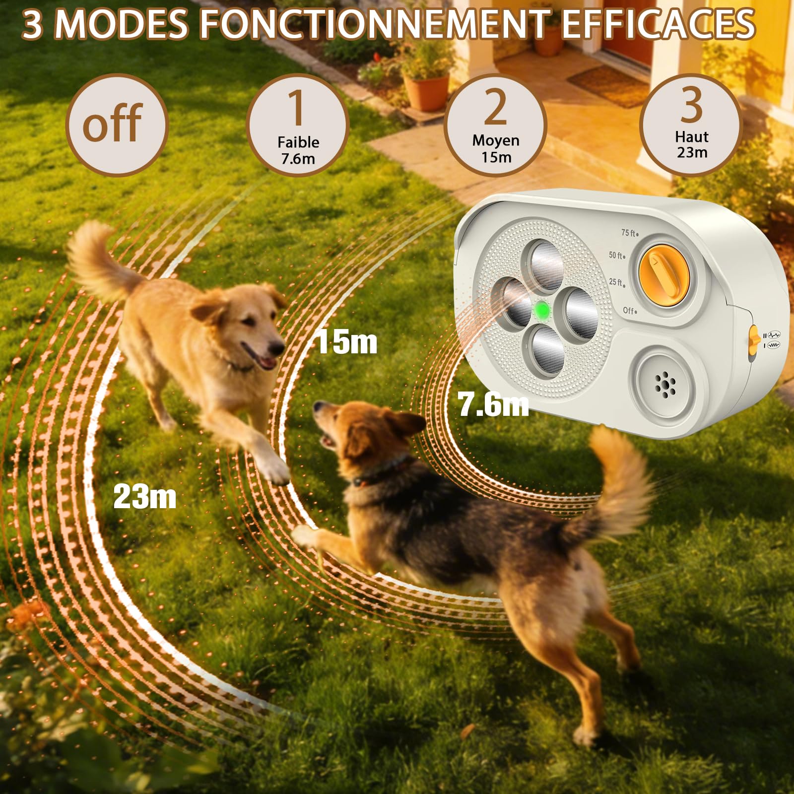 Anti-Billet für Hunde, Anti-Sonic Gerät mit 3 Modi (weiß) | Anti-Bellgerät für Hunde, effektive Reichweite von 23 m, IP65 wiederaufladbar, stoppt Bellen im Innen- und Außenbereich