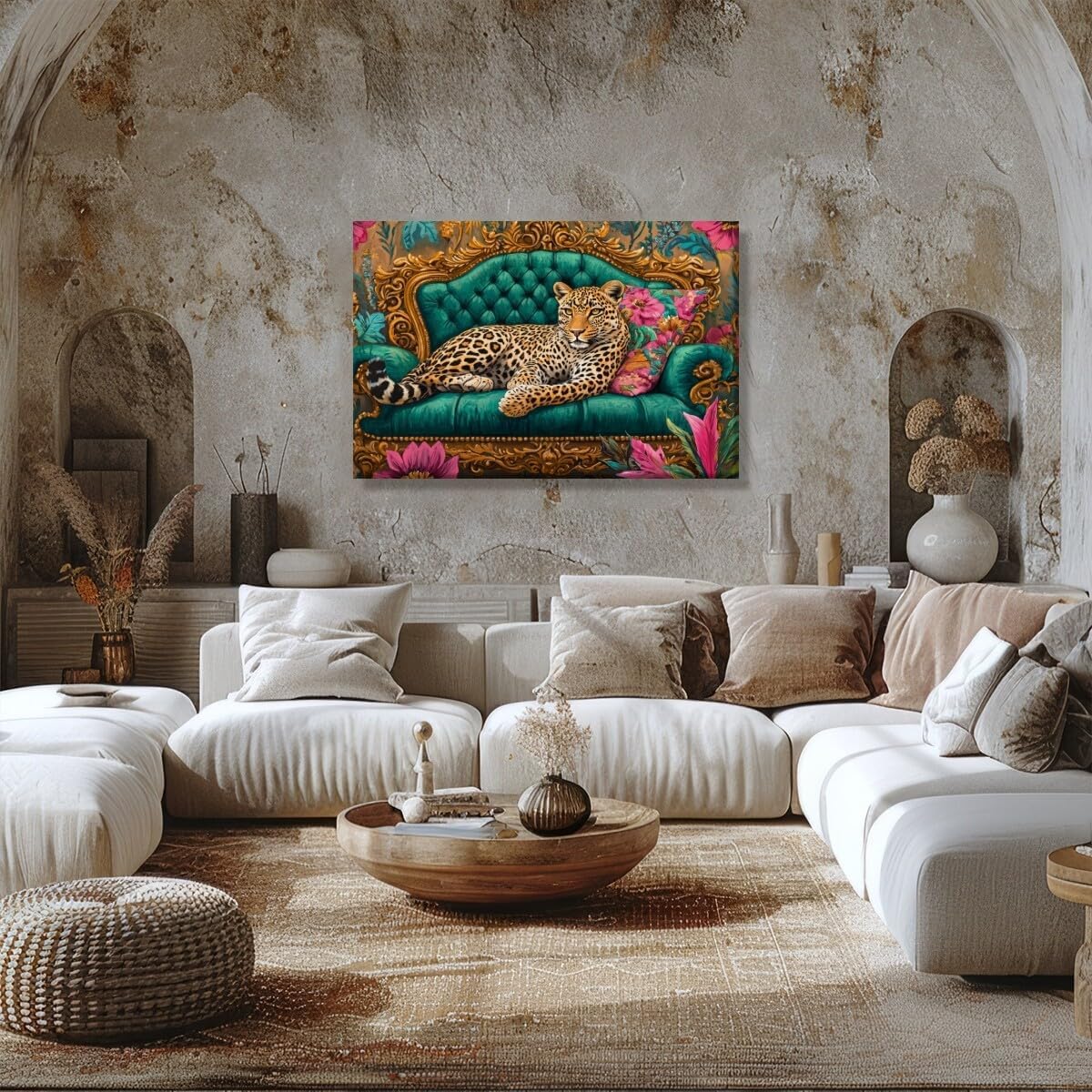 Cheetah Lying On Vintage Sofa Canvas Wall Art Pink Emerald Green Maximalist Leopard Print Pictures Wall Decor Jungle Animal Poster Eclectic Boho Aesthetic Bedroom Bathroom Decor 16x24inch Framed