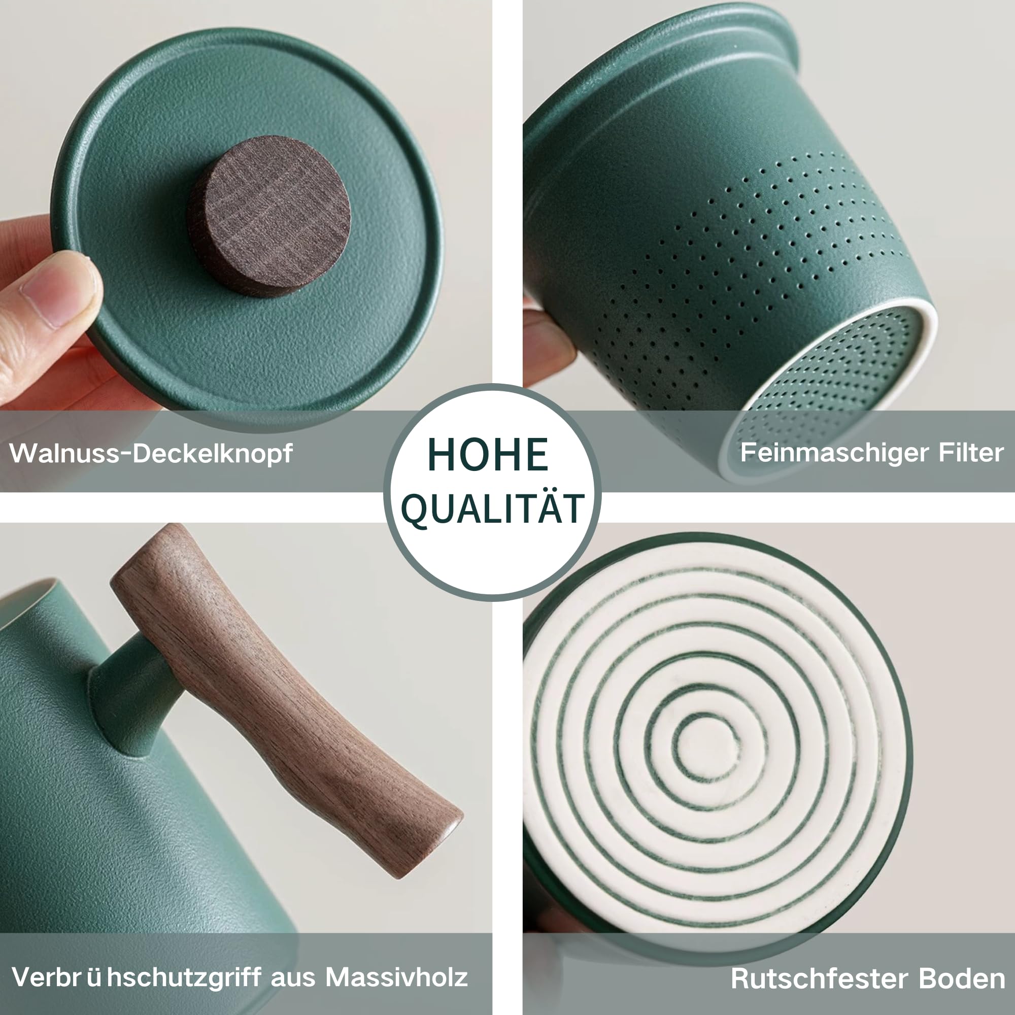 JanYoo Teetasse mit Deckel und Sieb,360ml Palisandergriff Keramik Losen Teebecher,Matte Steinzeug Glasierte Teetassen für Einweichen Tee Grün