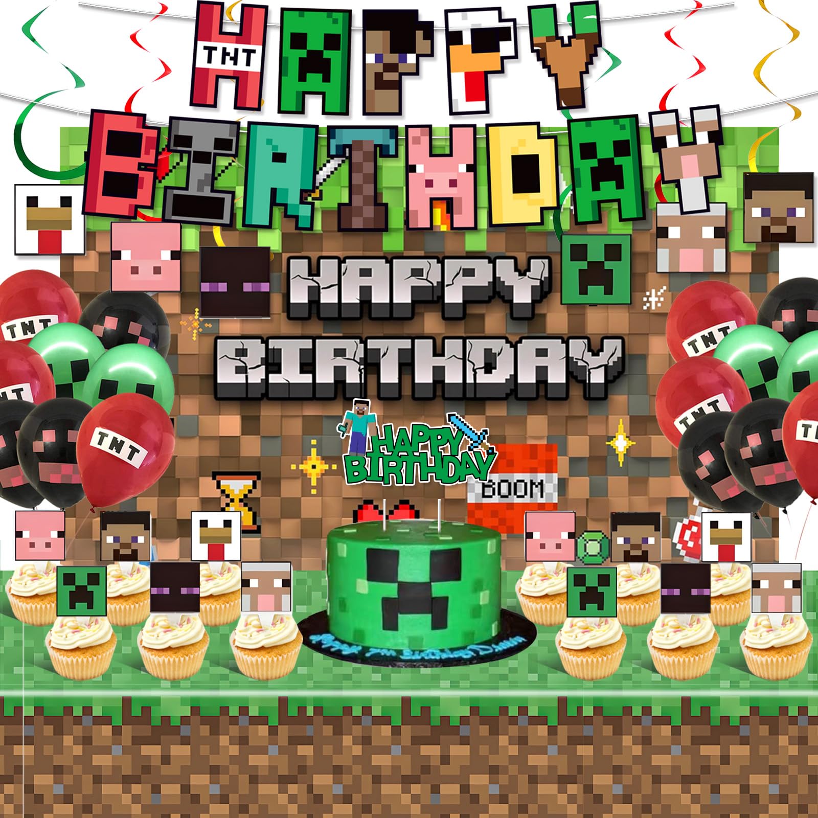 Photo 1 of (SELLING PARTS MISSING MANY) Pixel Birthday Party Decorations, Party Supplies Set Including Balloons, Backdrop, Banner, Tablecloth, Hanging Swirls, Cake Cupcake Toppers for Pixel Theme Party