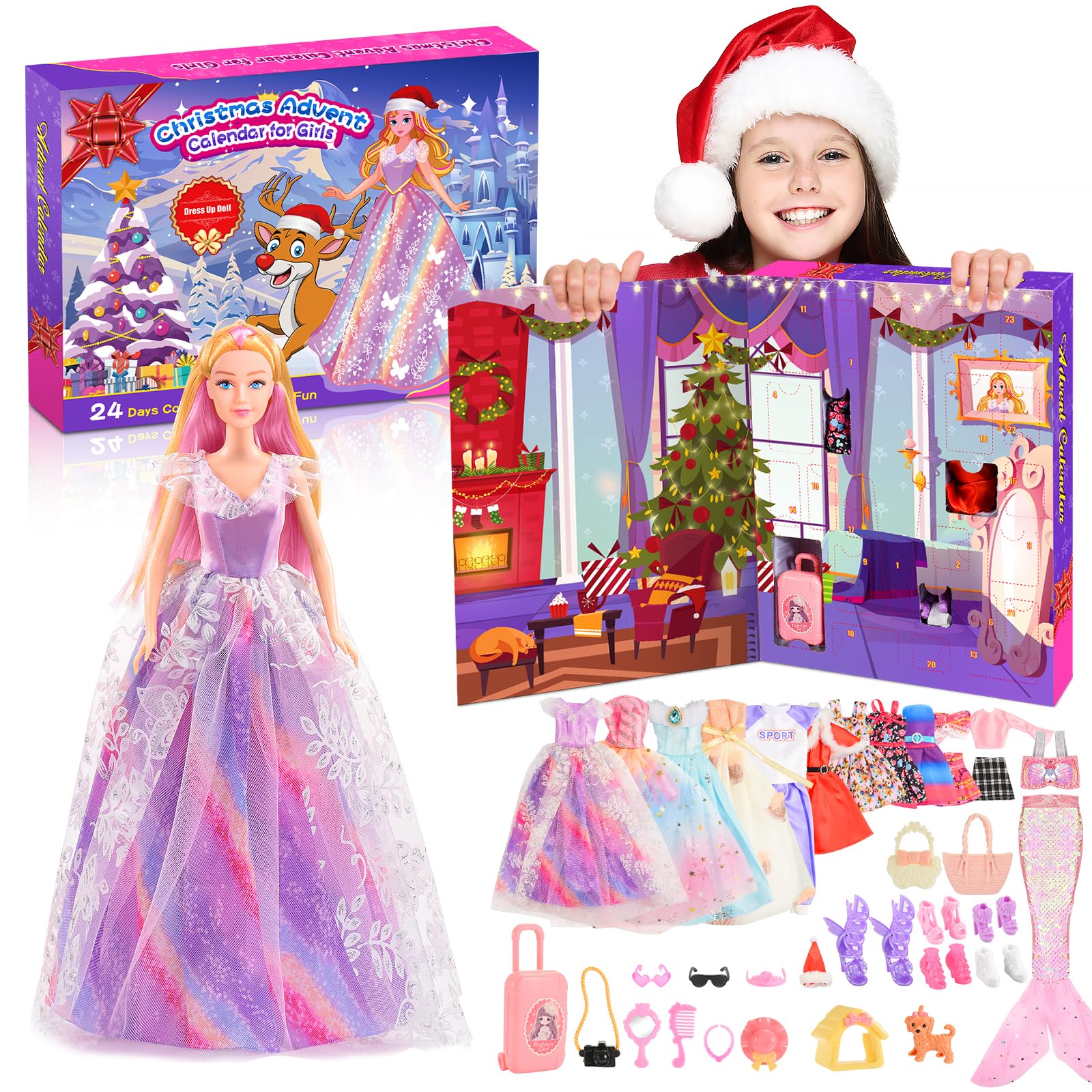 HappyGoLucky Calendario Avvento 2025, 24 Sorprese, con Bambole, Vestiti e Accessori - Giochi & Regalo Bambina 3 4 5 6 7 8 9 10 Anni Femmina- Regali Natale Bambini in Confezione