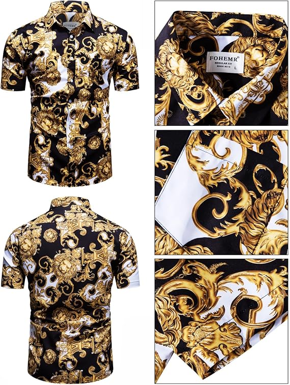 fohemr Outfit Men's Baroque 2-Piece Golden Chain Pattern Shirt Shorts with Bucket Hat Leisure Summer Holiday Beach Set