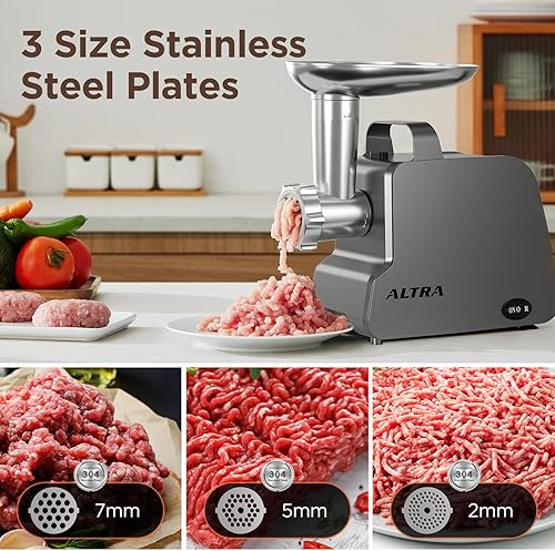 Miniatura 3 de Picadora de carne eléctrica, máquina de salchichas, picadora de carne con Hanlde, 2 cuchillas de acero inoxidable y 3 placas de molienda de acero