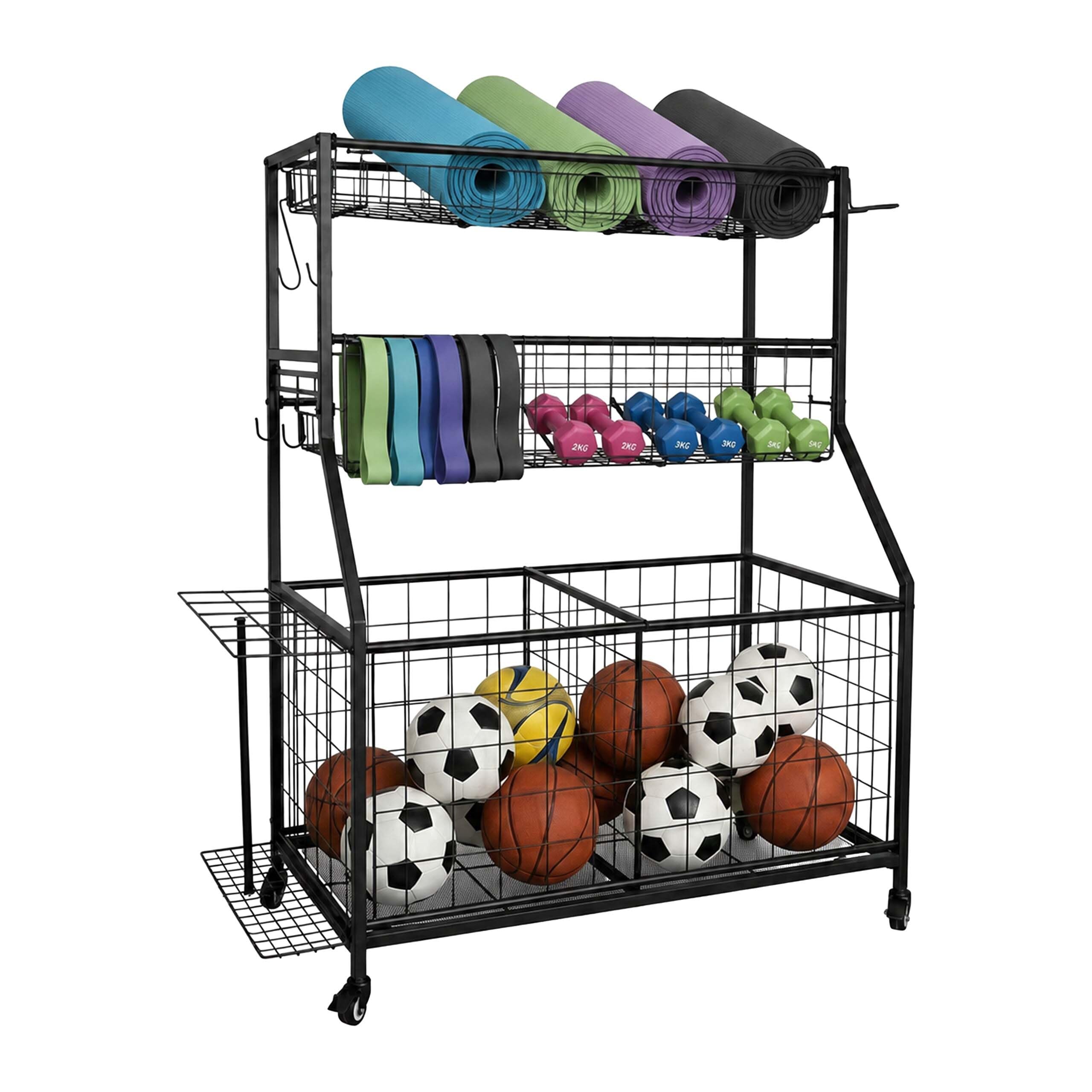 Relaxdays – organizer na sprzęt sportowy, 116 x 91,5 x 43 cm, 4 kółka, 2 hamulce, metalowy wózek na piłki, czarny