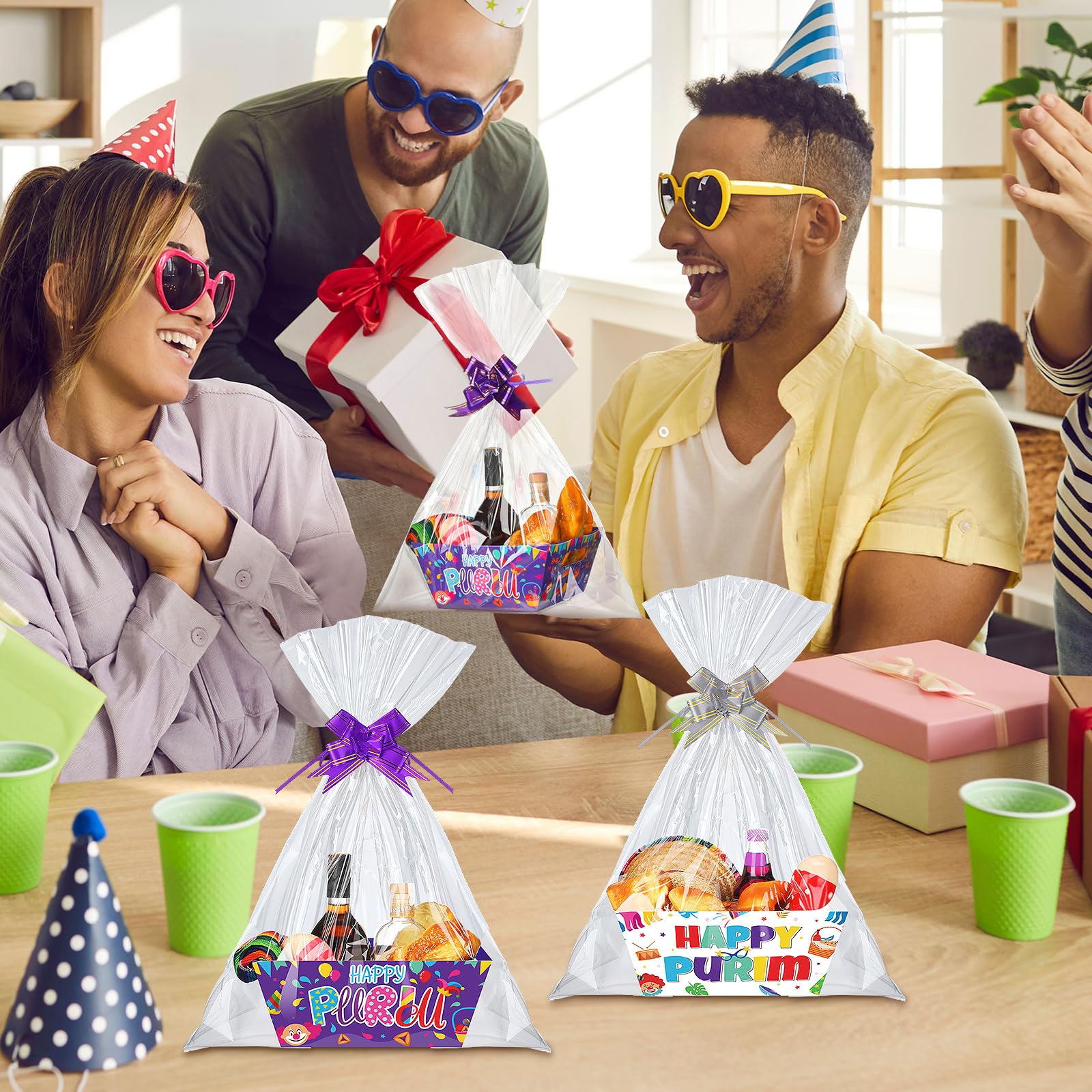 Cholemy Purim - Juego de 24 cestas de regalo vacías que incluye 8 bandejas de mercado de papel kraft, 8 bolsas y 8 lazos, regalos de fiesta de carnaval judío, caja de cartón para regalos vacía con