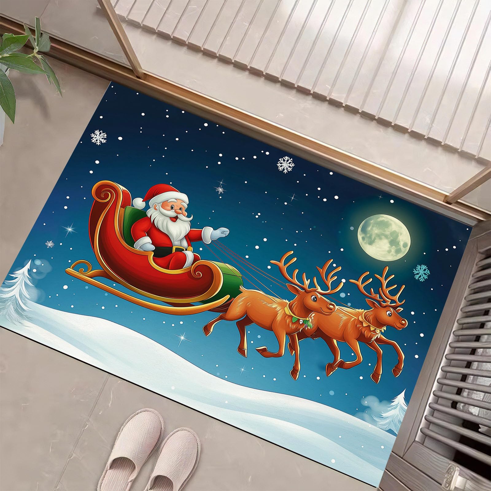 Felpudo Entrada Navidad 90 x 150 cm, Alfombra Entrada Casa Interior Antideslizante Papá Noel, Lavable Felpudo de Alfombrilla Renos Trineo, Interior Tapete Azul